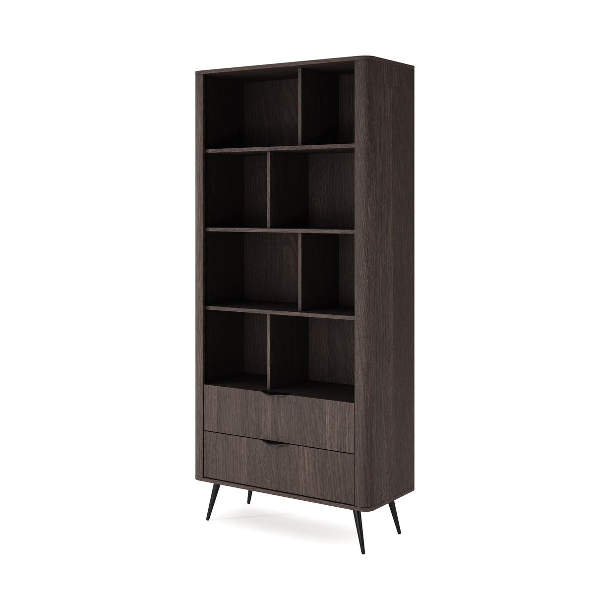 Velia Bookcase 88x194 with Open Shelves and Drawers, Soft Loft Style – angled view | Pillovely