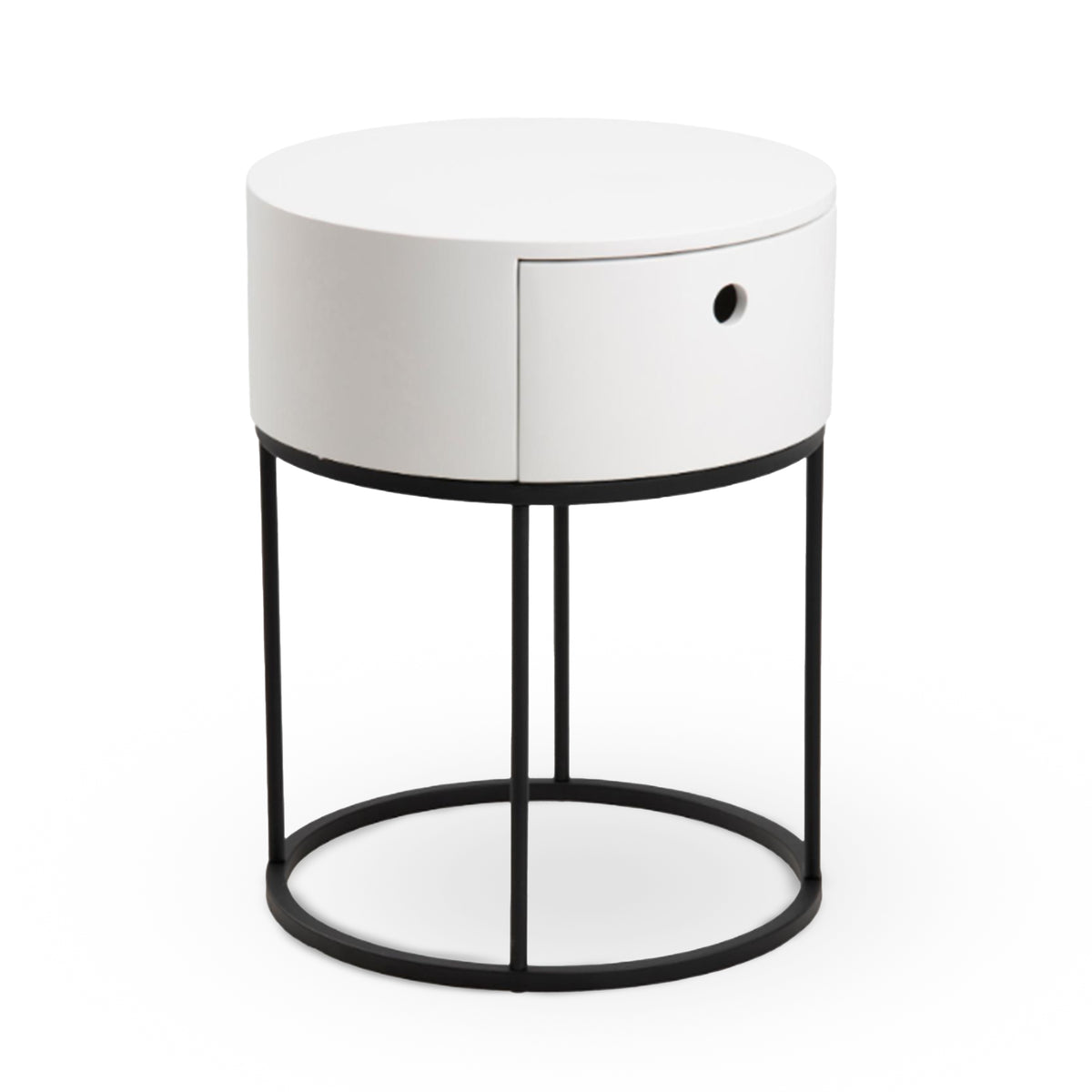 Ronda Round Bedside Table with a Drawer, Minimalist Style – White matte