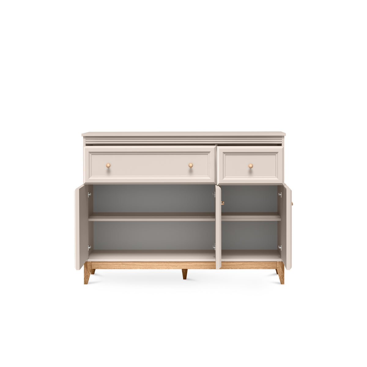 Komoda Serena 136x100 z szufladami i szafkami w stylu modern classic – z otwartymi frontami