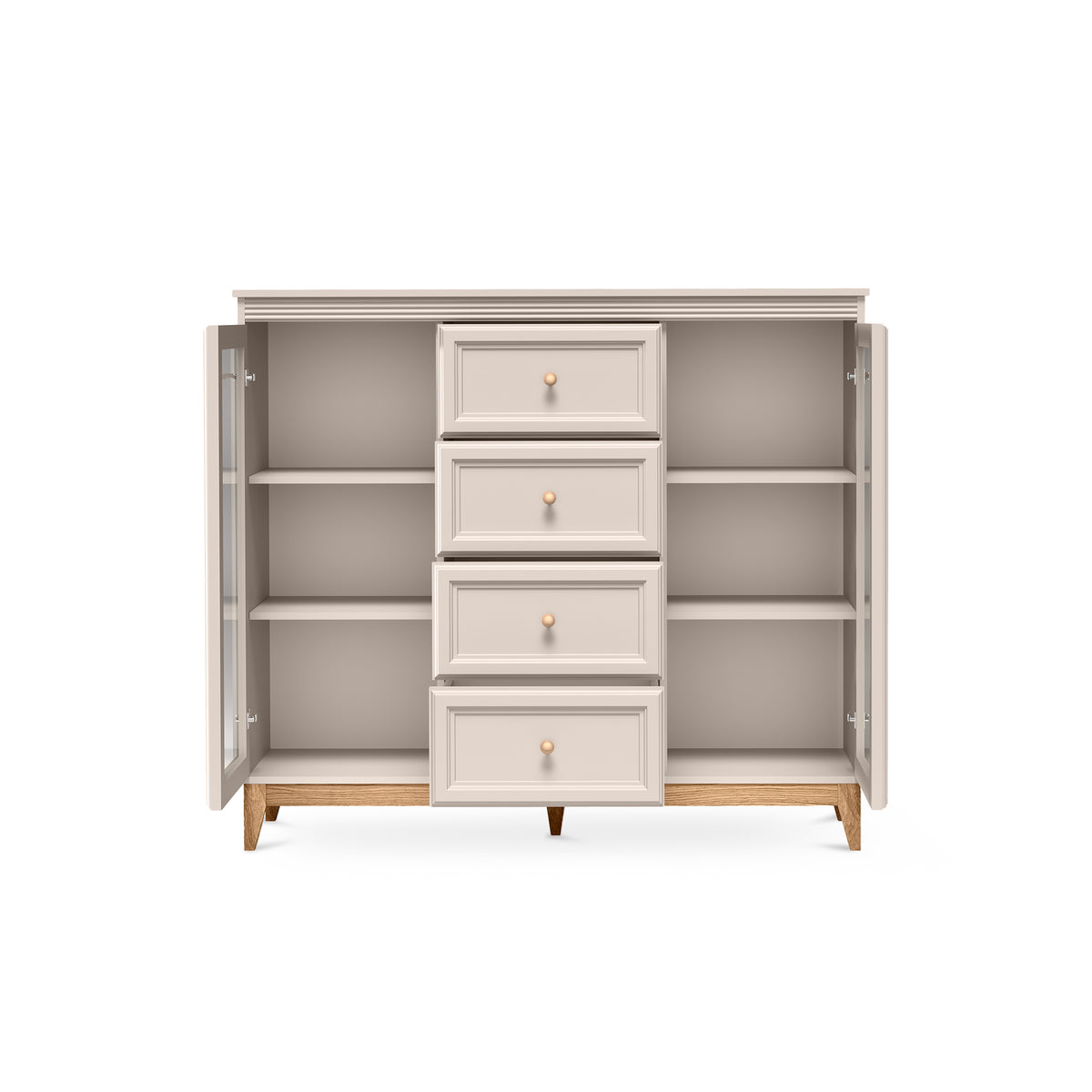 Serena Display Cabinet 142x126 with Glass Fronts and Drawers, Modern Classic Style – with doors open