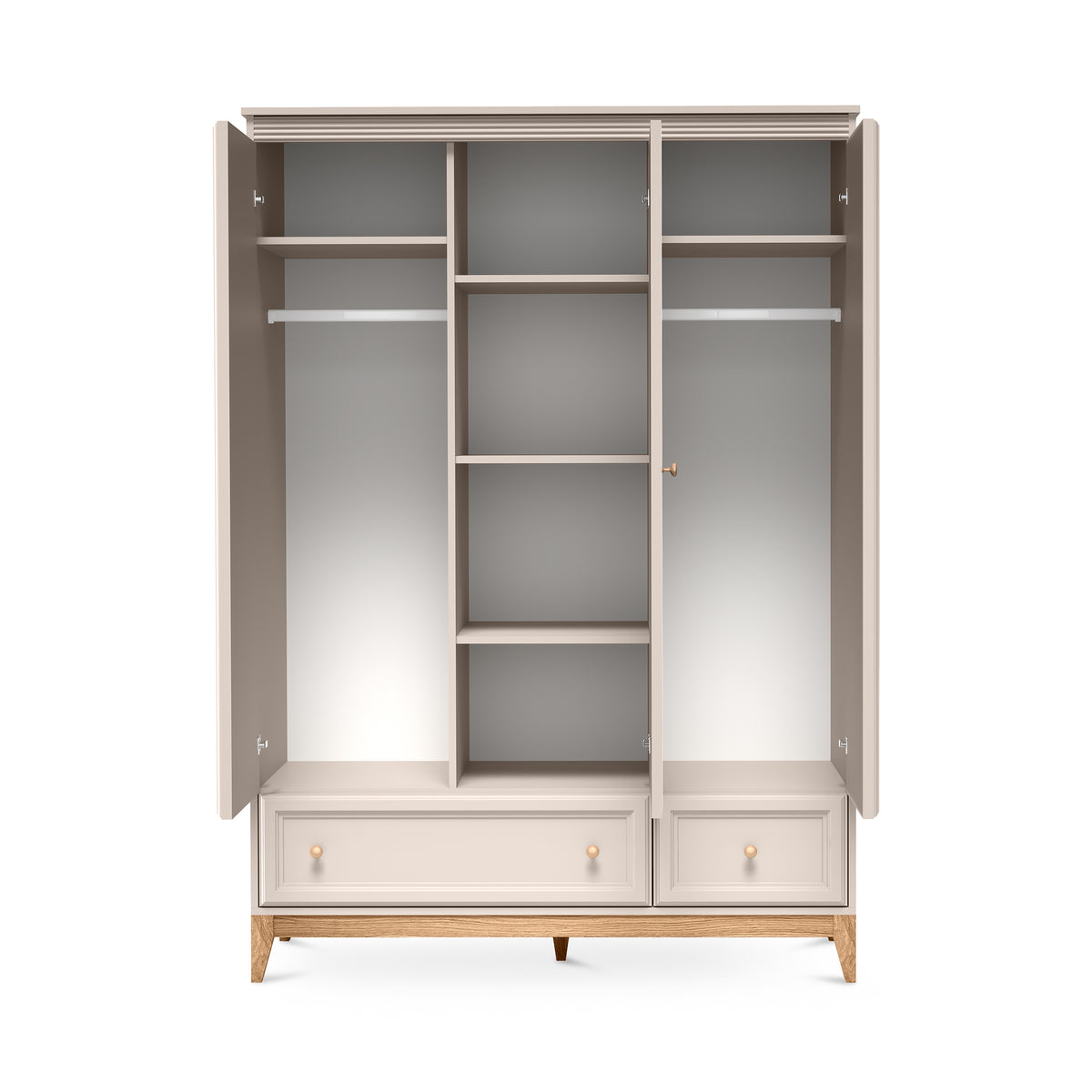 Armoire Serena avec miroir 136x193 à 3 portes, de style moderne classique - avec façades ouvertes