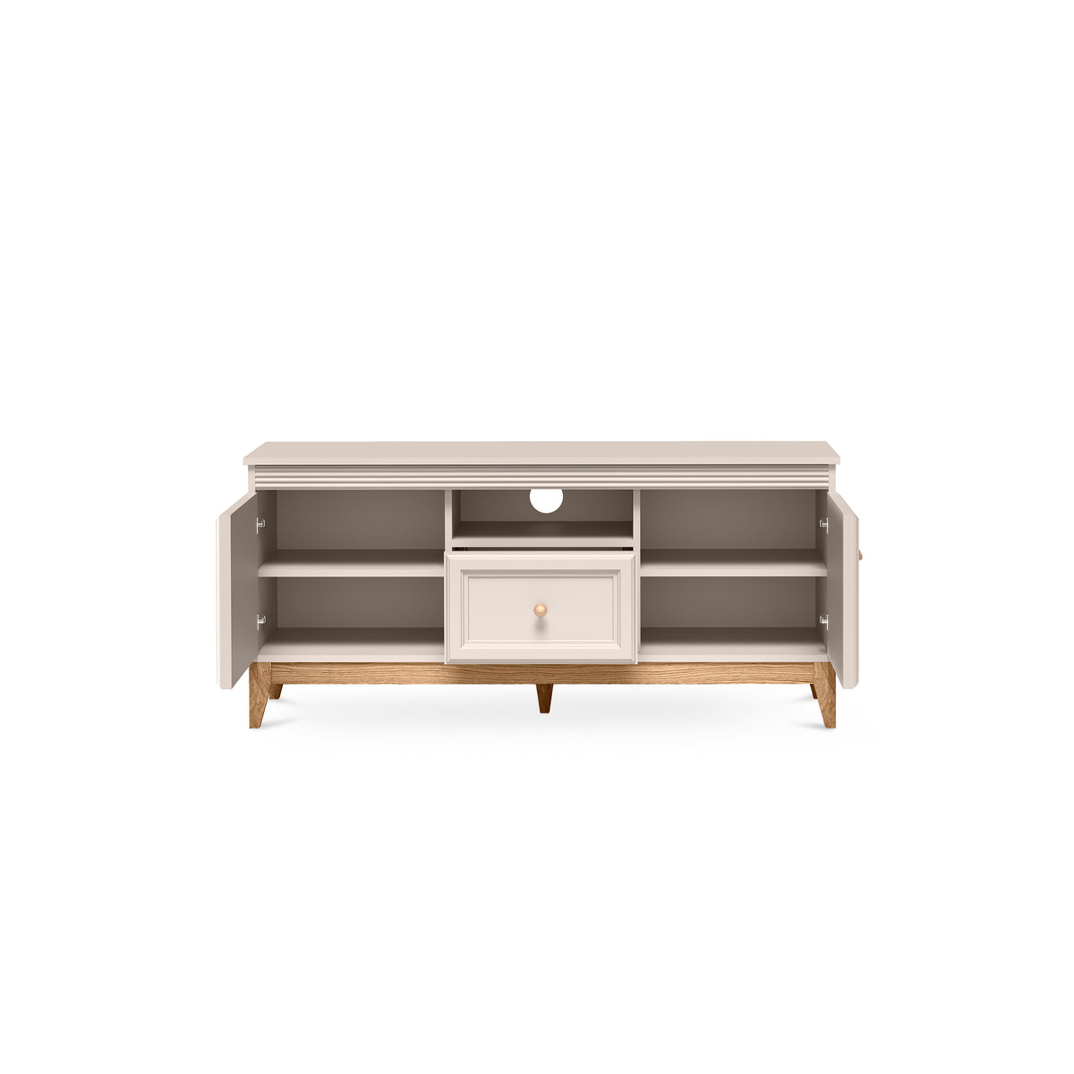 Meuble TV Serena 136x62 avec façades fraisées dans un style modern classic - avec façades ouvertes