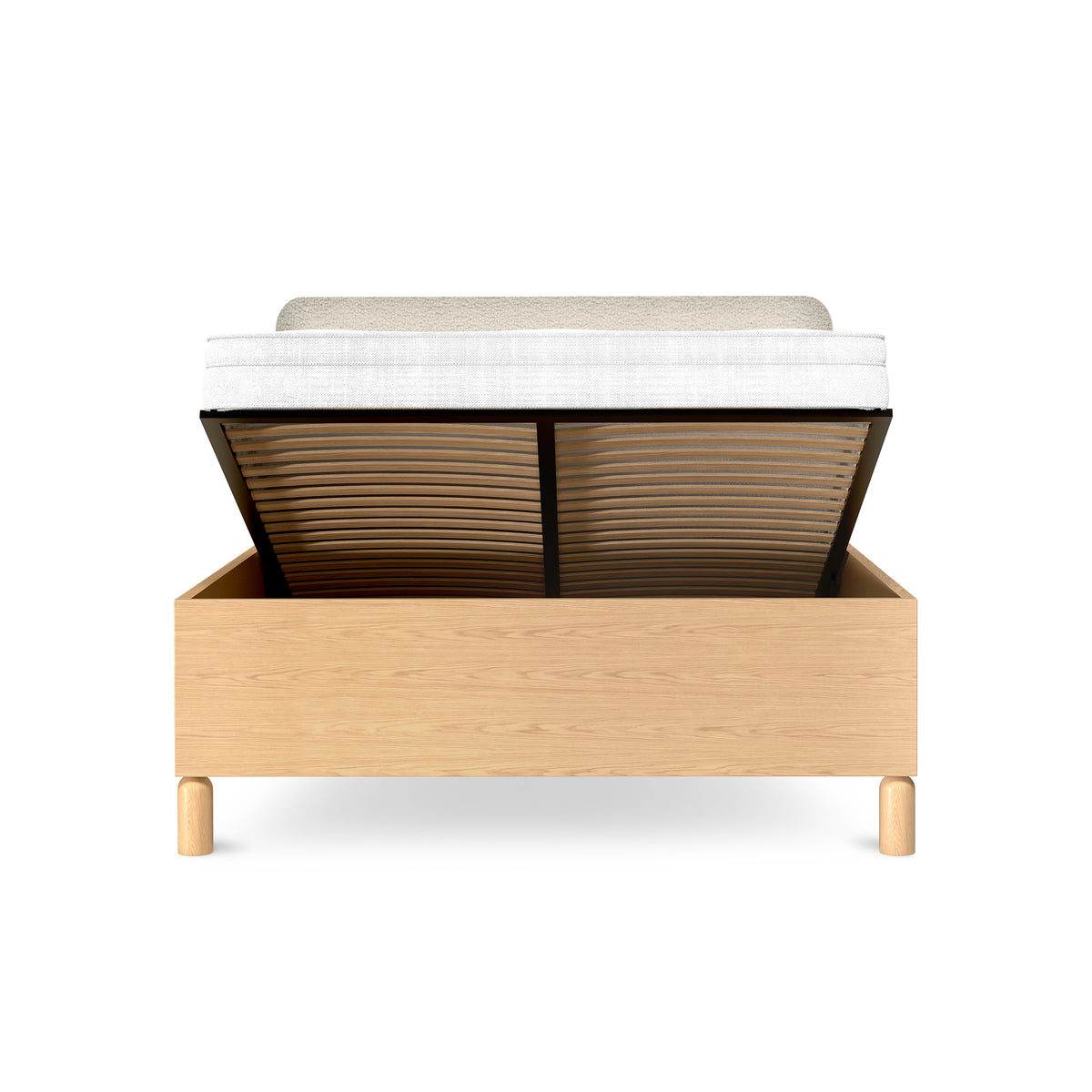 Lit Fjord tapissé 140/160x200 avec coffre de rangement, de style scandinave - avec façades ouvertes