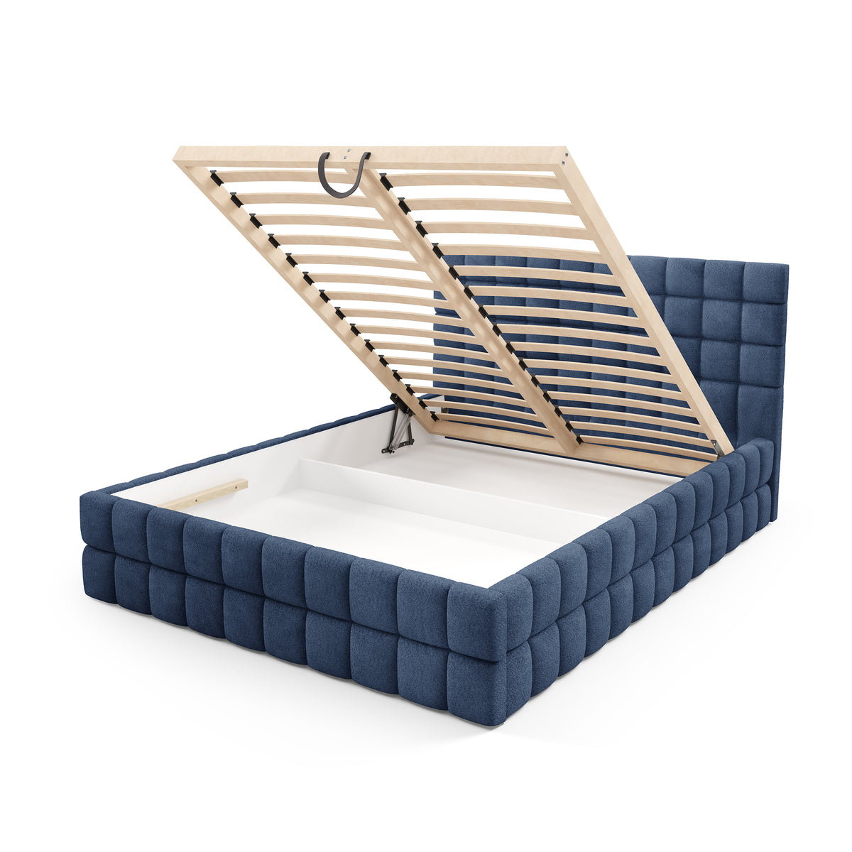 Stratus Upholstered Ottoman Bed with Storage, Various Sizes in Modern Style, Coral Fabric – with doors open