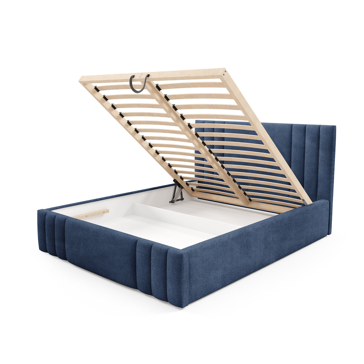 Falda Upholstered Ottoman Bed with Storage, Various Sizes in Elegant Style, Coral Fabric – with doors open