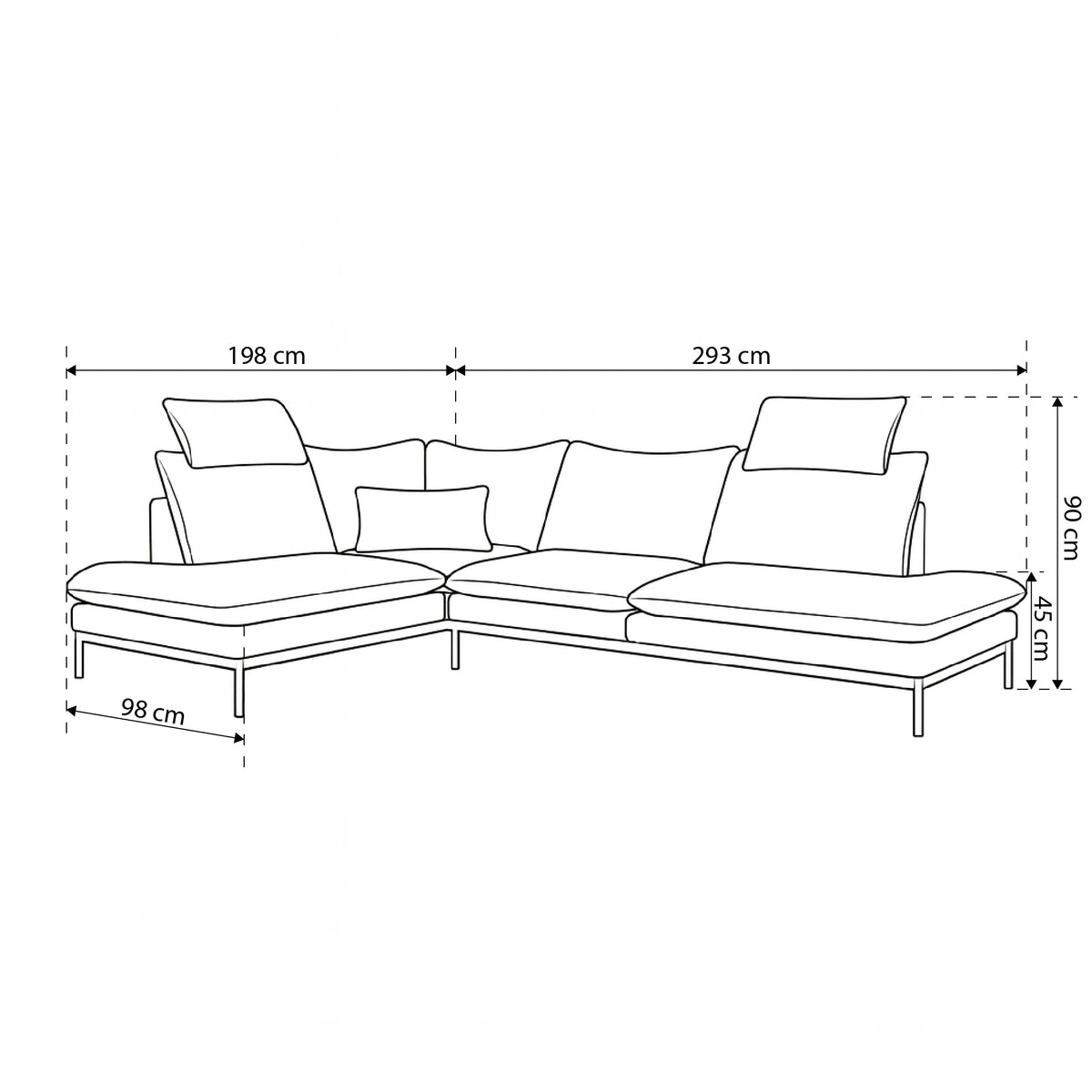 Narożnik Leafy Premium 4-osobowy 293×198 cm w stylu eleganckim – rysunek z wymiarami