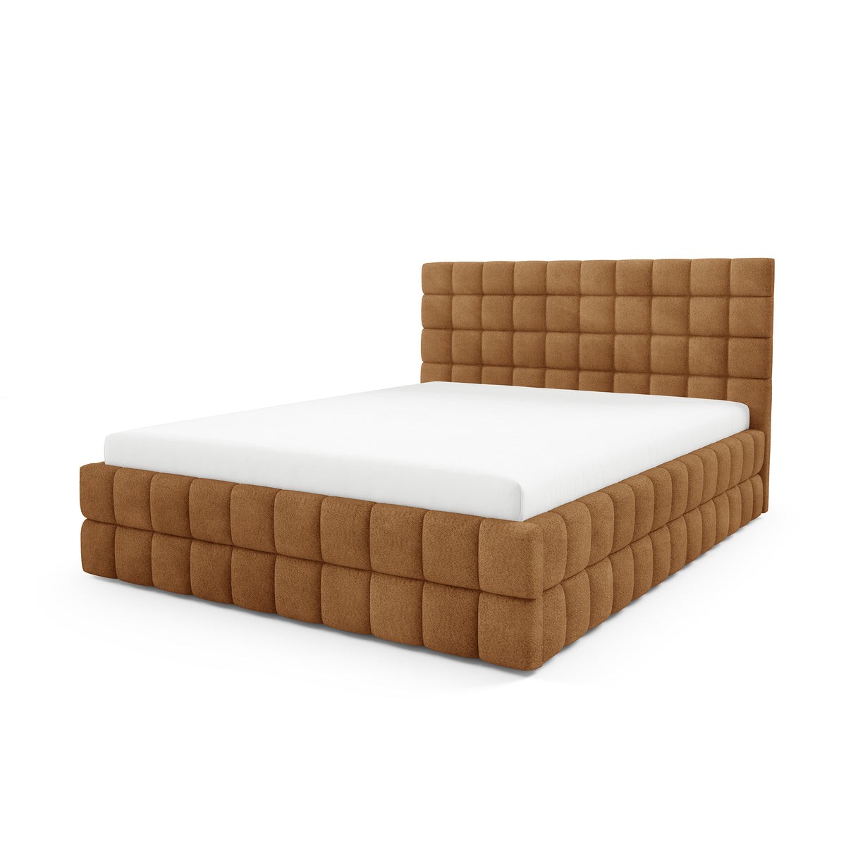 Stratus Upholstered Ottoman Bed with Storage, Various Sizes in Modern Style, Coral Fabric – Caramel Brown (CORAL 35)