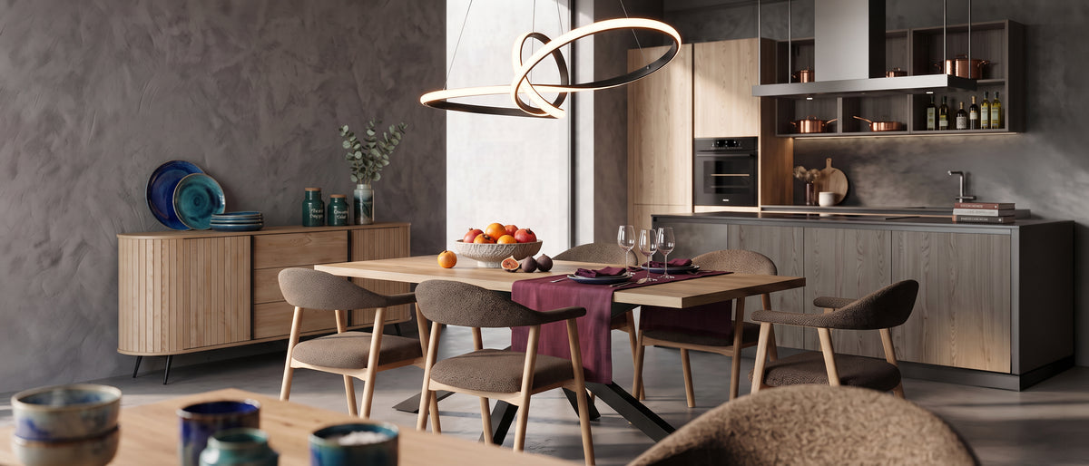 Modern dining room with a wooden Oryss table, upholstered Hikari Komfort chairs, a wooden Llovia sideboard and a decorative Loopra pendant lamp
