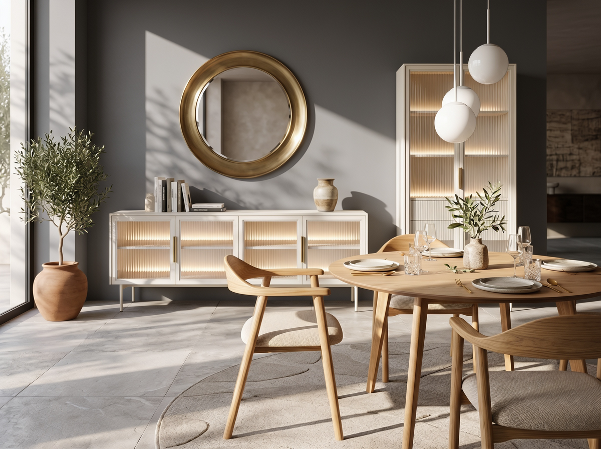 Bright dining room with a wooden Krefi table, Hikari chairs, glass-fronted Lummer furniture in cashmere and a Triella pendant lamp