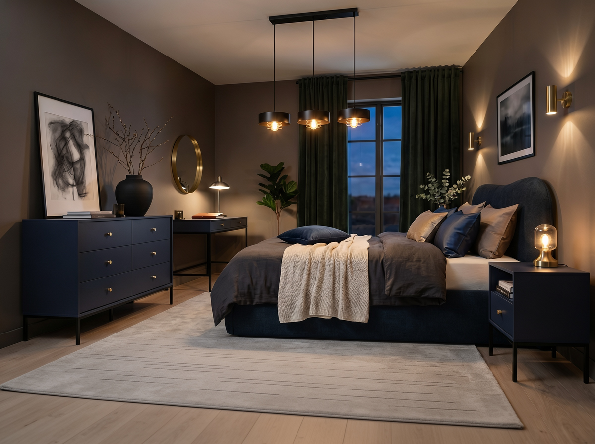 Elegant bedroom with a navy Leo upholstered bed, a Kviat chest of drawers, dressing table and bedside table, a light Linaro rug and a black Spirra pendant lamp