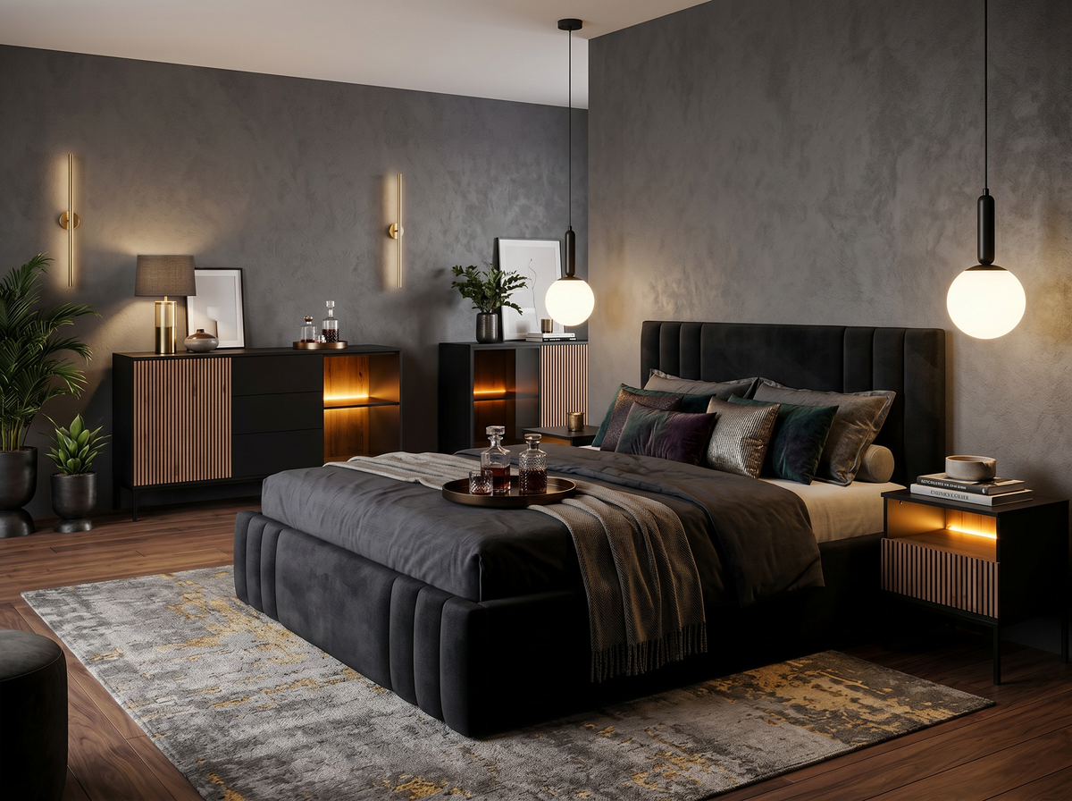 Elegant bedroom with a dark Falda upholstered bed, a black Lampy chest of drawers and bedside table with wooden slats and Obal globe pendant lamps