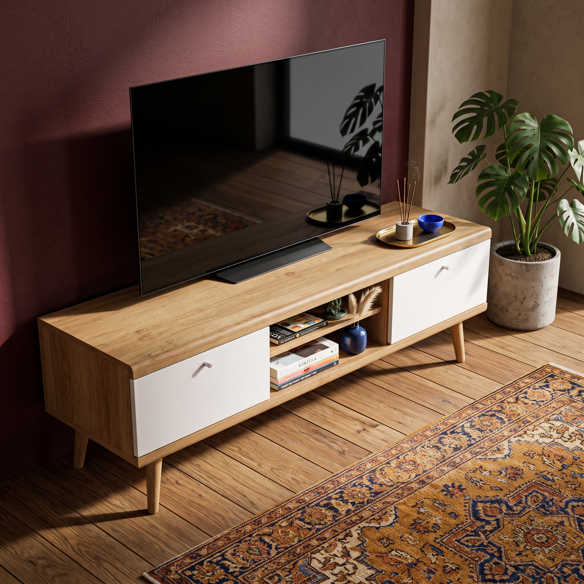 Lato TV Unit / TV Stand 160x50, Scandinavian Style – in a room setting