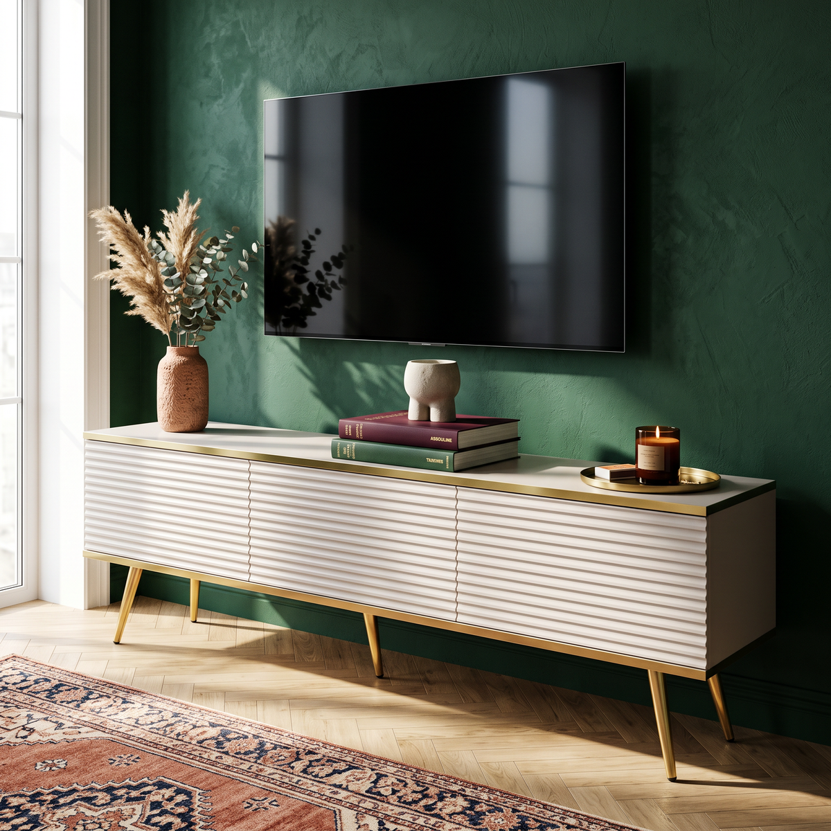 Meva TV Unit / TV Stand 175x30 with Gold Accents – in a room setting