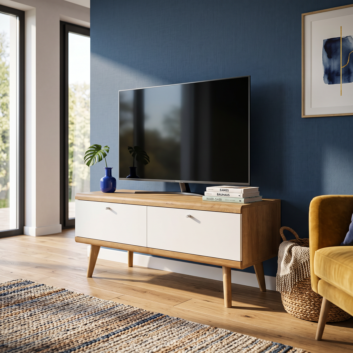 Lato TV Unit / TV Stand 107x50, Scandinavian Style – Riviera Oak, Wooden Legs, MDF Fronts – in a room setting