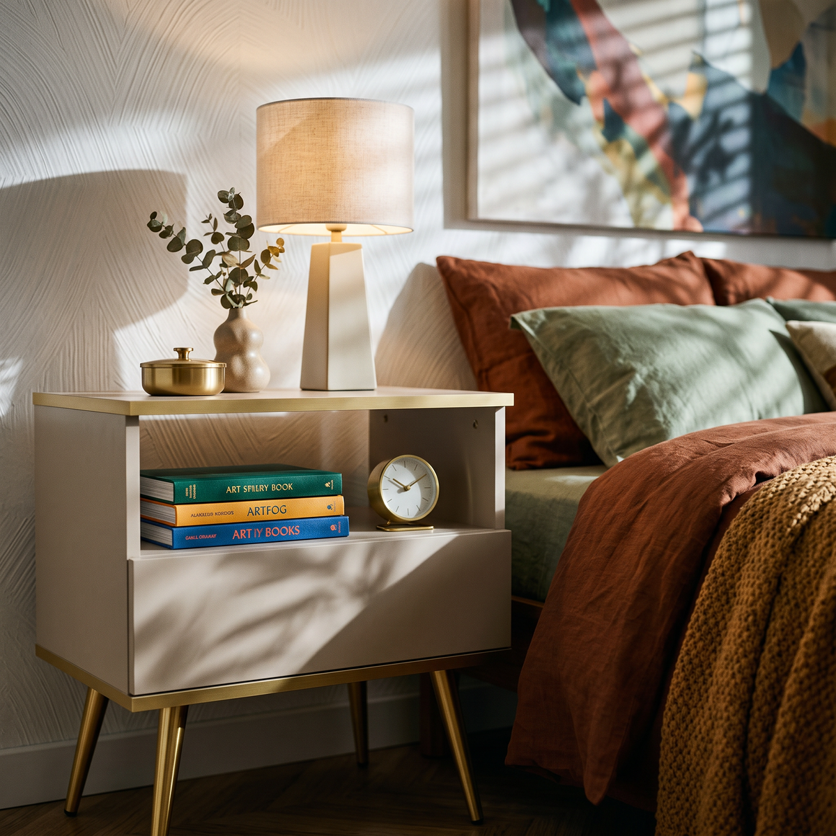 Meva Bedside Table 54x59 cm, Modern Classic Style – in a room setting