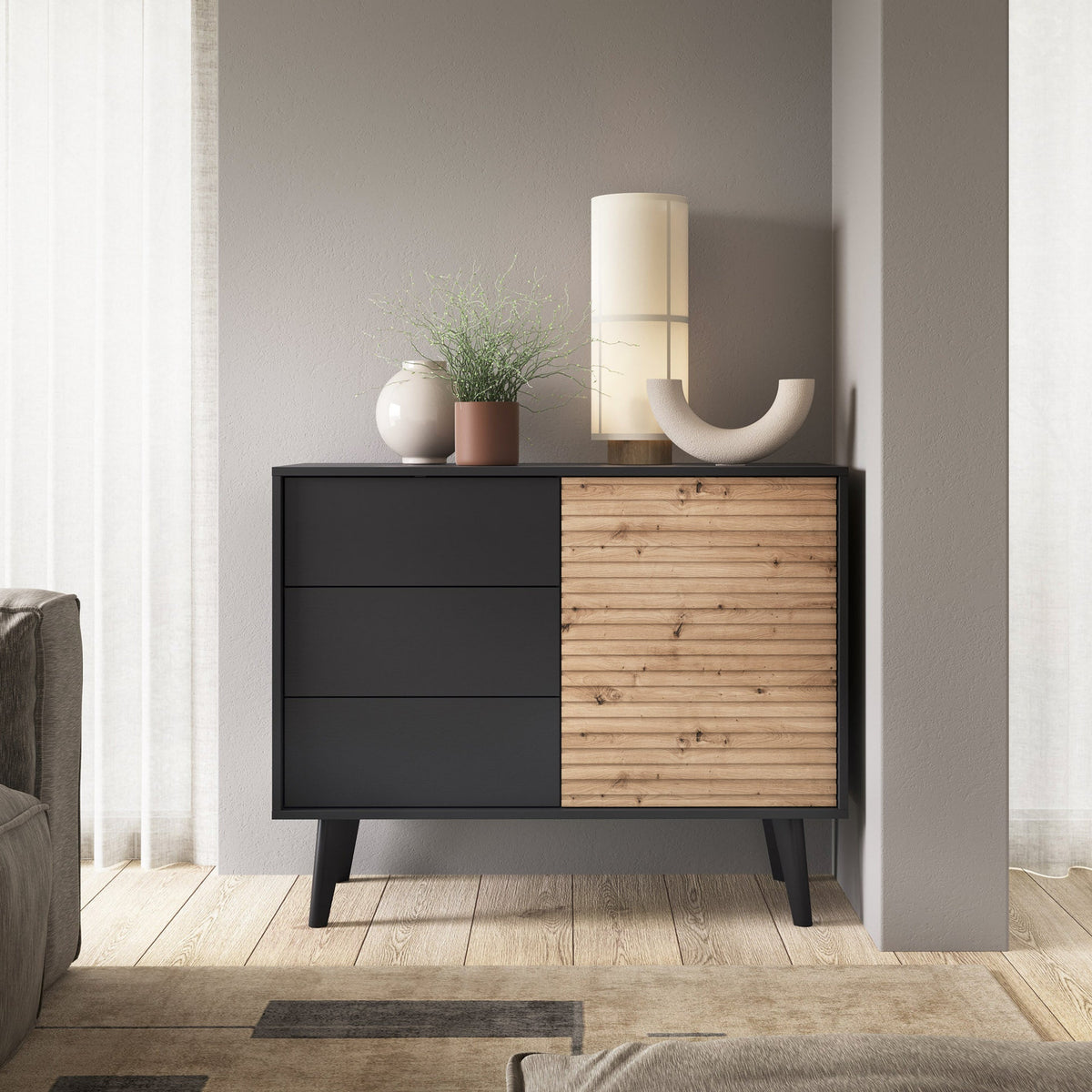 Las Sideboard with Drawers and Doors 104x83, Industrial Style – in a room setting