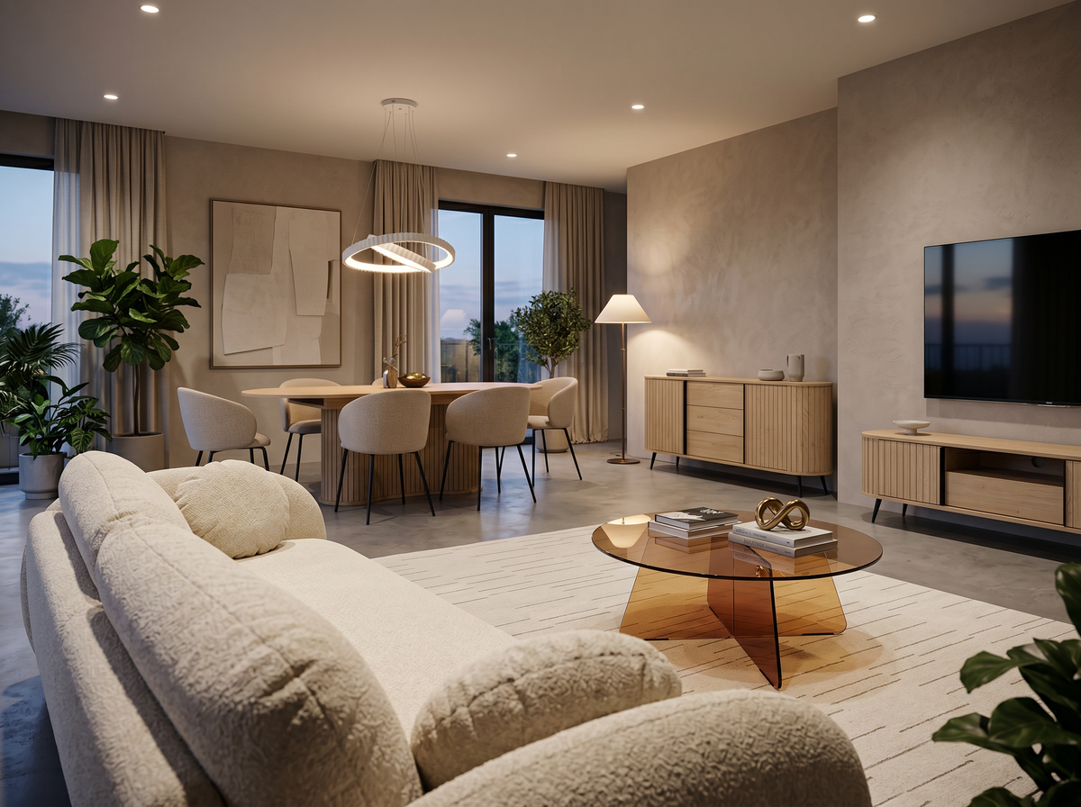 Bright, modern living room with a cream Olemo sofa, an Aria Glass coffee table, wooden Llovia furniture, a Llovia table with beige Delmo chairs and a Rinoria pendant lamp