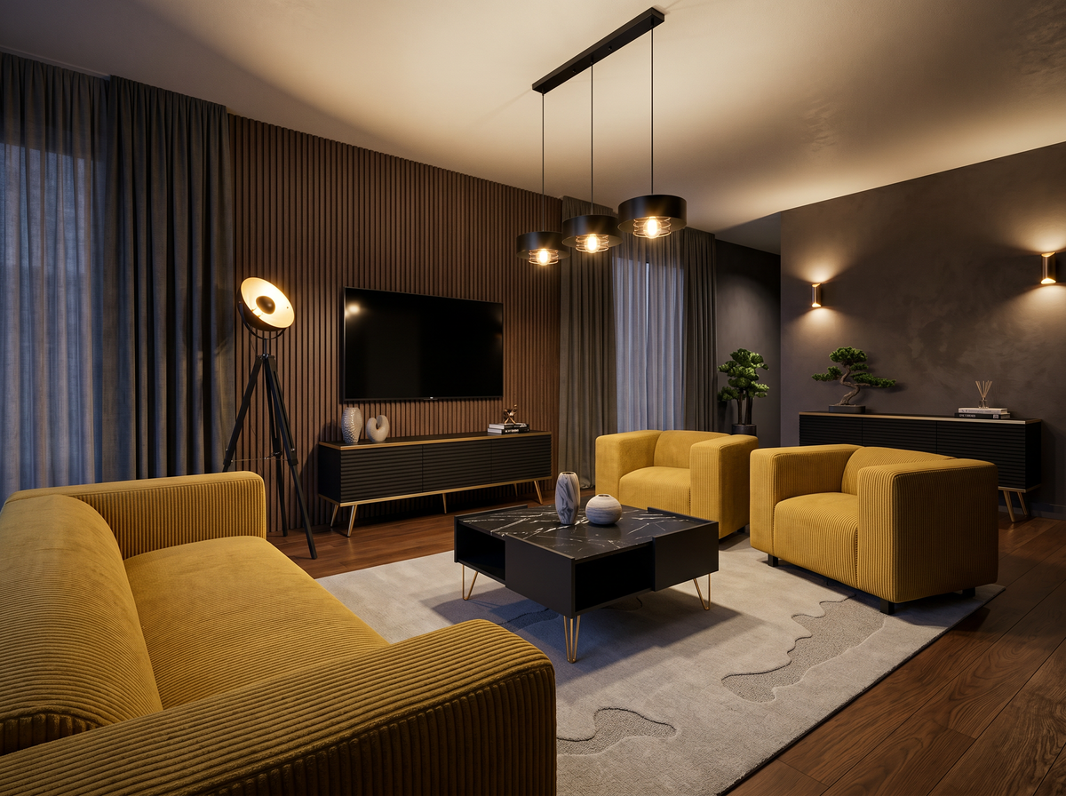 Modern living room with a mustard July sofa and armchairs, a black Ballada coffee table, dark Meva TV units, a Reflecto floor lamp and a Spirra pendant lamp
