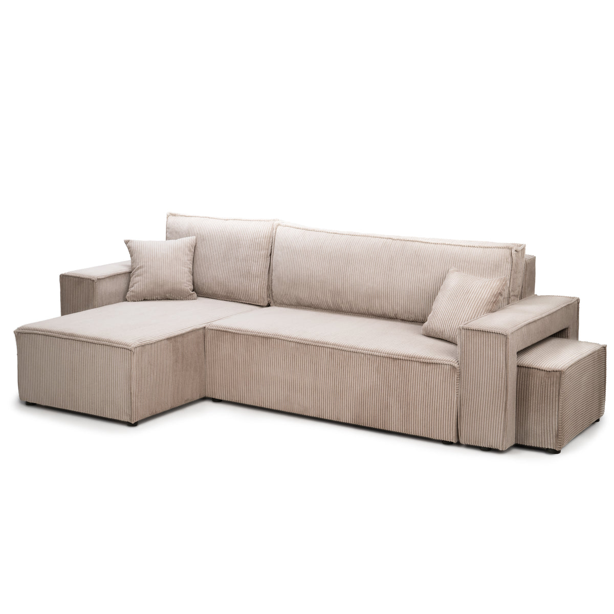 Klara Reversible Corner Sofa Bed with Pouffe – Sand Stone corduroy (POSO 02)
