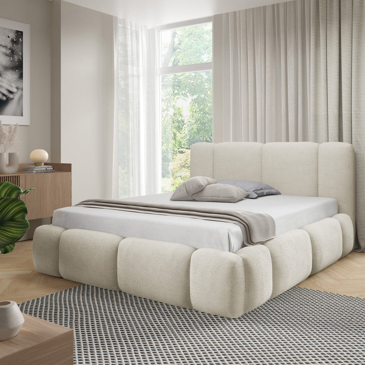 Neria Upholstered Ottoman Bed with Storage 140x200, 160x200 and 180x200, Various Sizes in Japandi Style – in a room setting