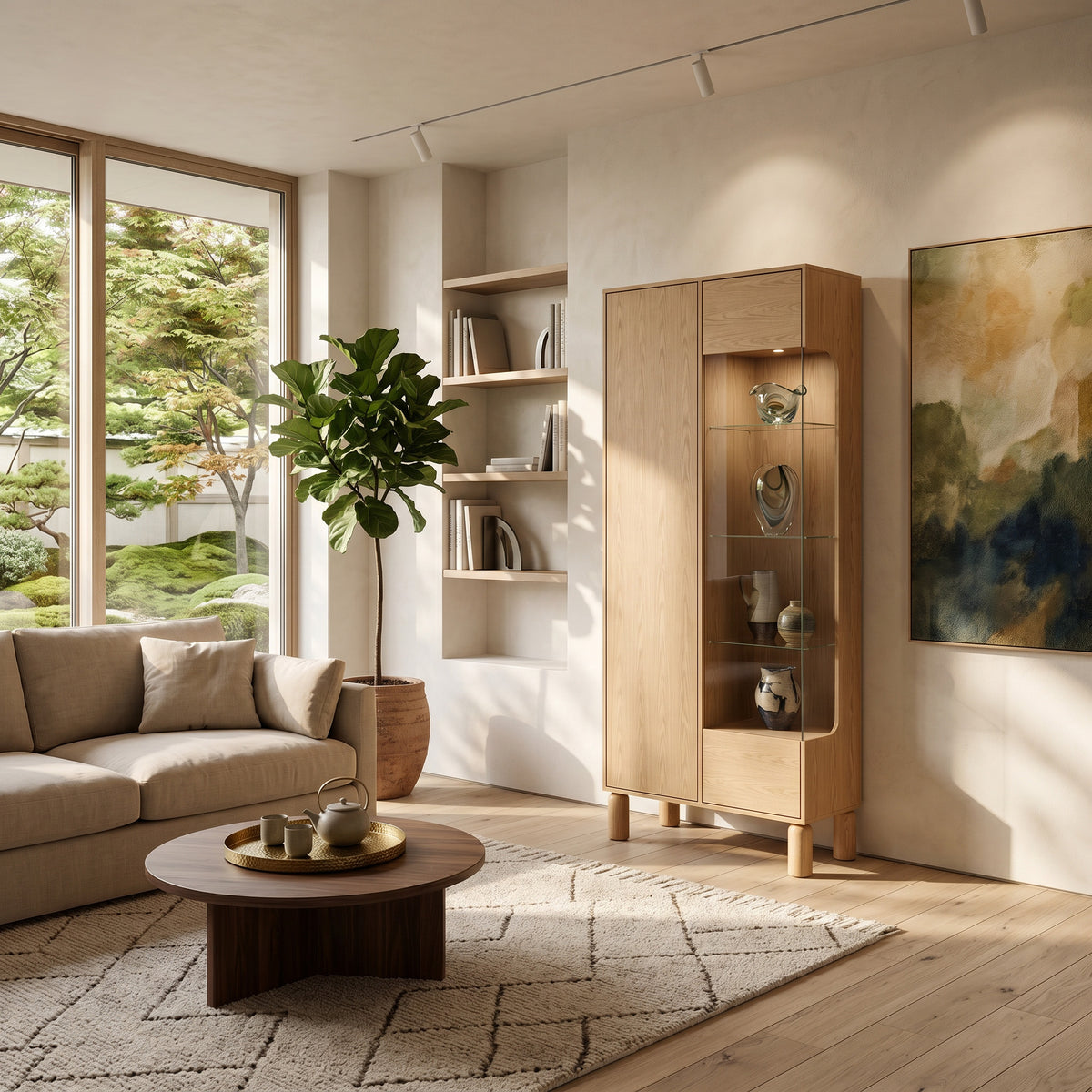 Fjord Tall Display Cabinet 89x197 with Glass Front, Scandinavian Style – in a room setting