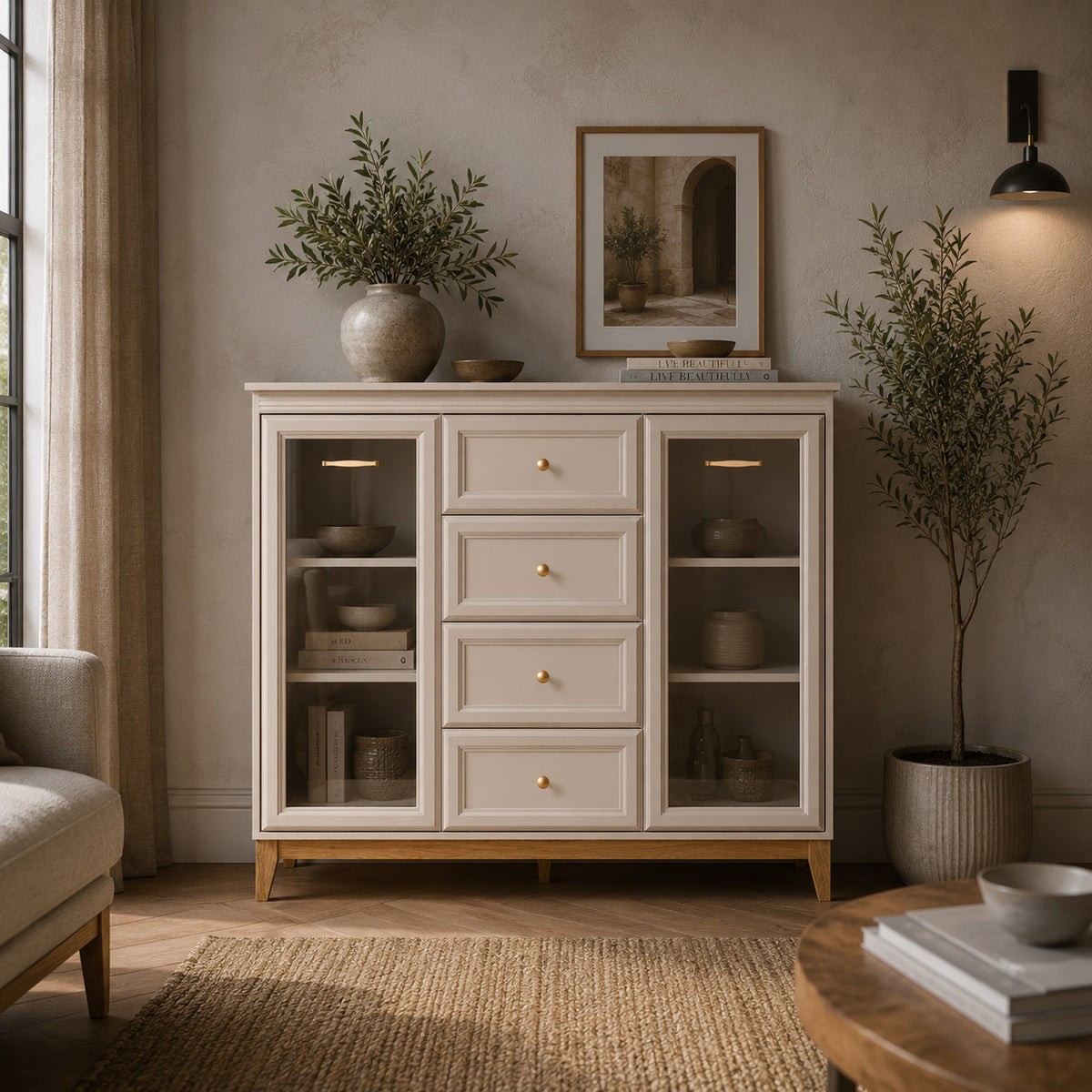 Serena Display Cabinet 142x126 with Glass Fronts and Drawers, Modern Classic Style – in a room setting