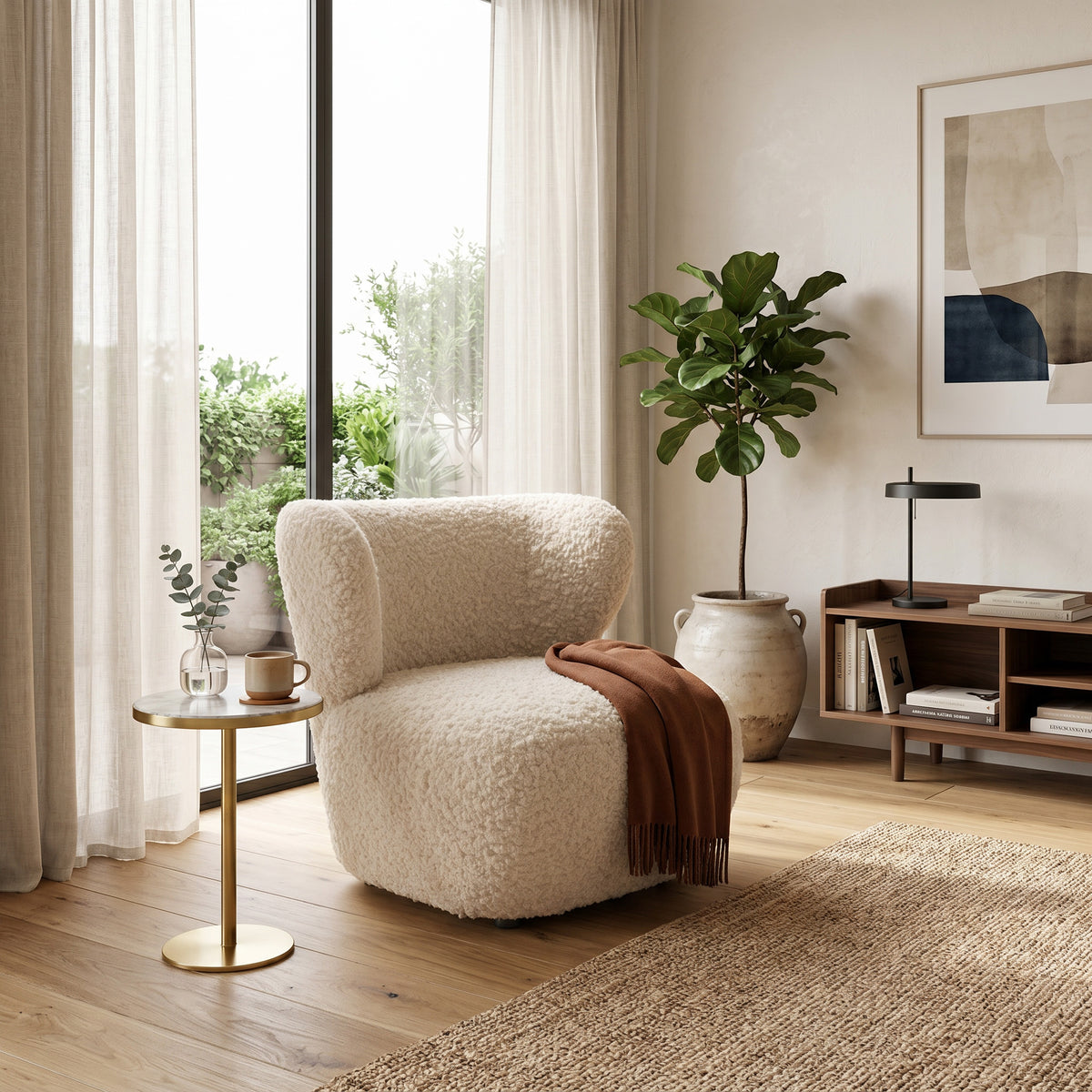 Olemo Armchair 82x74 cm, Japandi Style – in a room setting