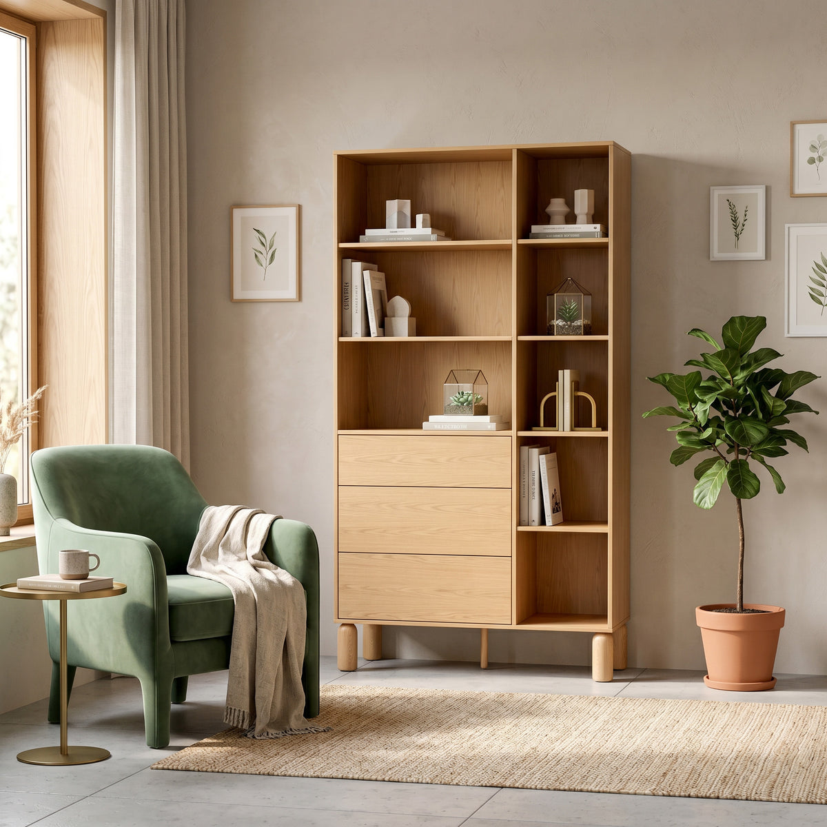 Fjord Bookcase 110x197 with Open Shelves and 3 Drawers, Scandinavian Style – in a room setting