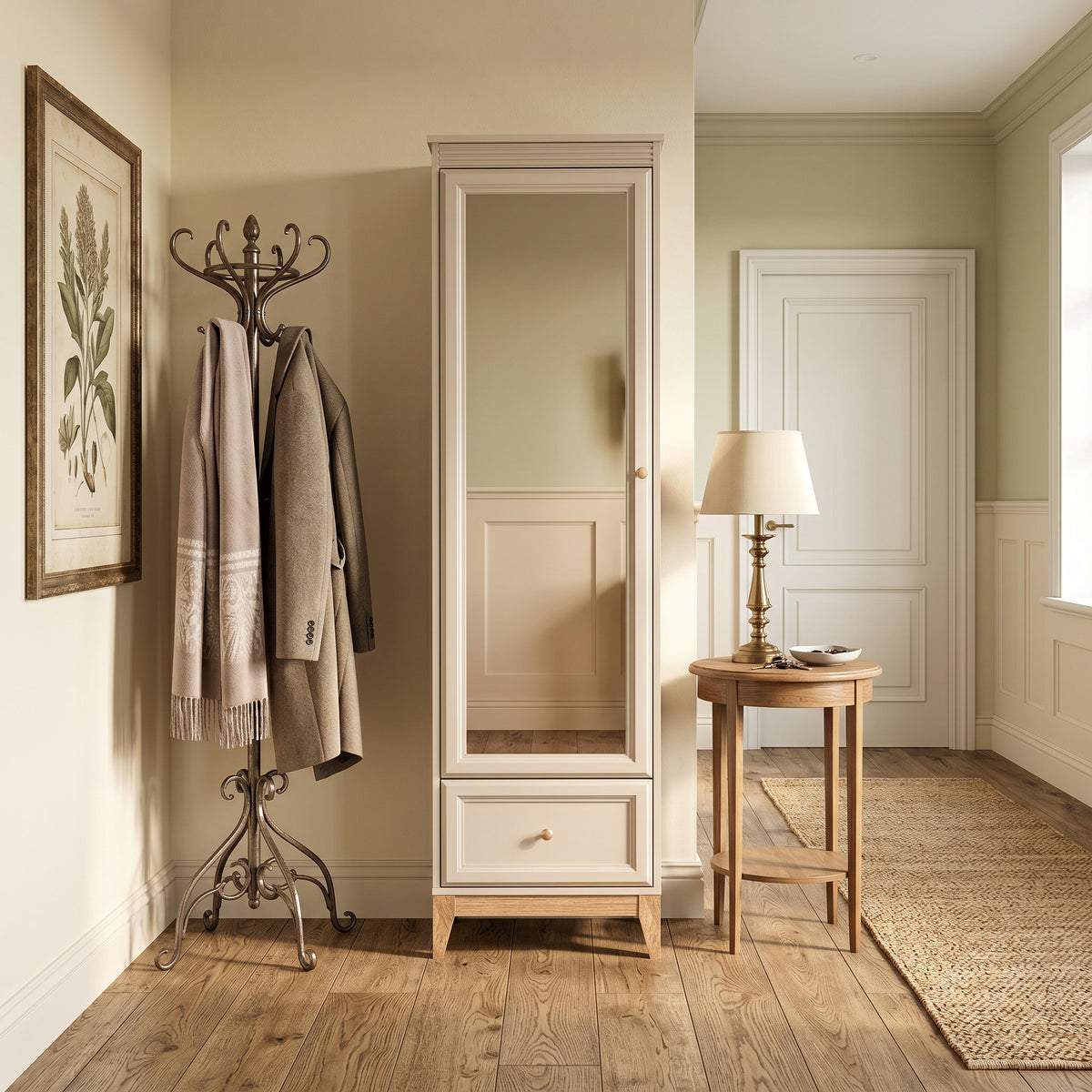 Serena Narrow Mirrored Wardrobe 55x193 for Hallway, Modern Classic Style – in a room setting