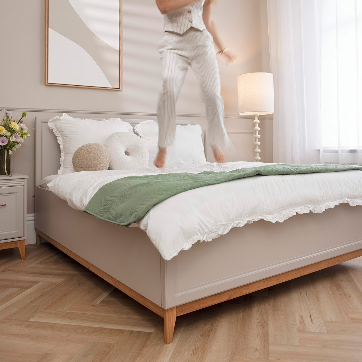 Serena Ottoman Bed with Storage and Decorative Headboard 140x200 and 160x200, Modern Classic Style – in a room setting