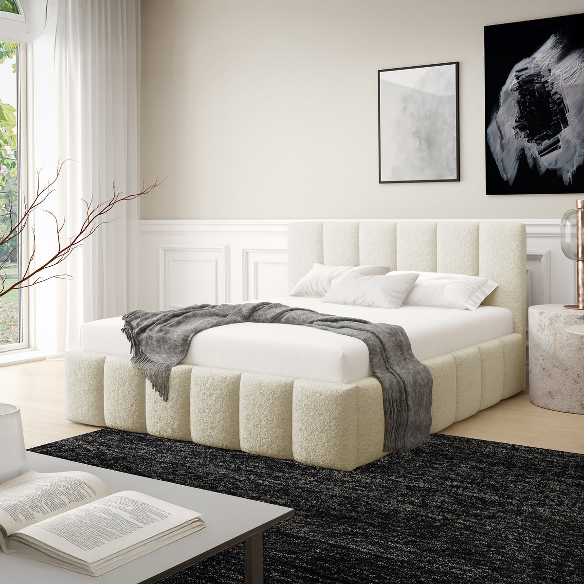 Nerom Quilted Upholstered Ottoman Bed with Bedding Storage, Various Sizes in Elegant Style 140x200, 160x200 and 180x200, Lambi Fabric – in a room setting