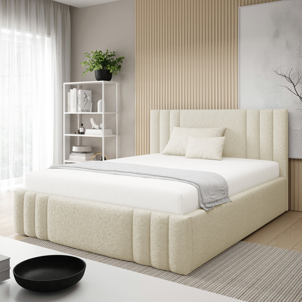 Falda Upholstered Ottoman Bed with Storage, Various Sizes in Elegant Style 140x200, 160x200 and 180x200, Lambi Fabric – in a room setting