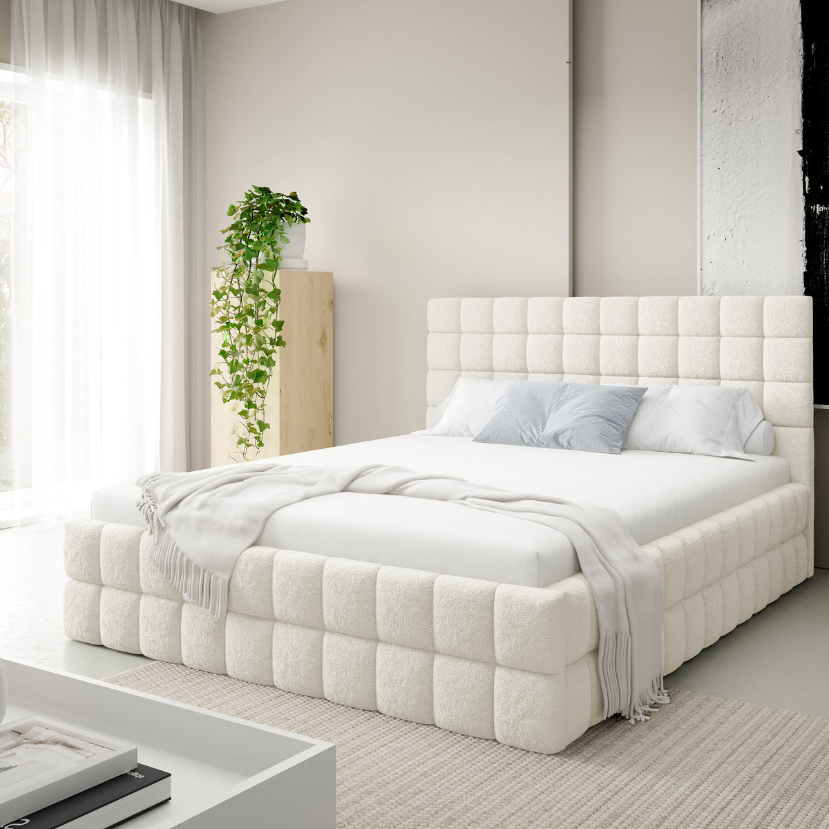 Stratus Upholstered Ottoman Bed with Storage, Various Sizes in Modern Style 140x200, 160x200 and 180x200, Lambi Fabric – in a room setting