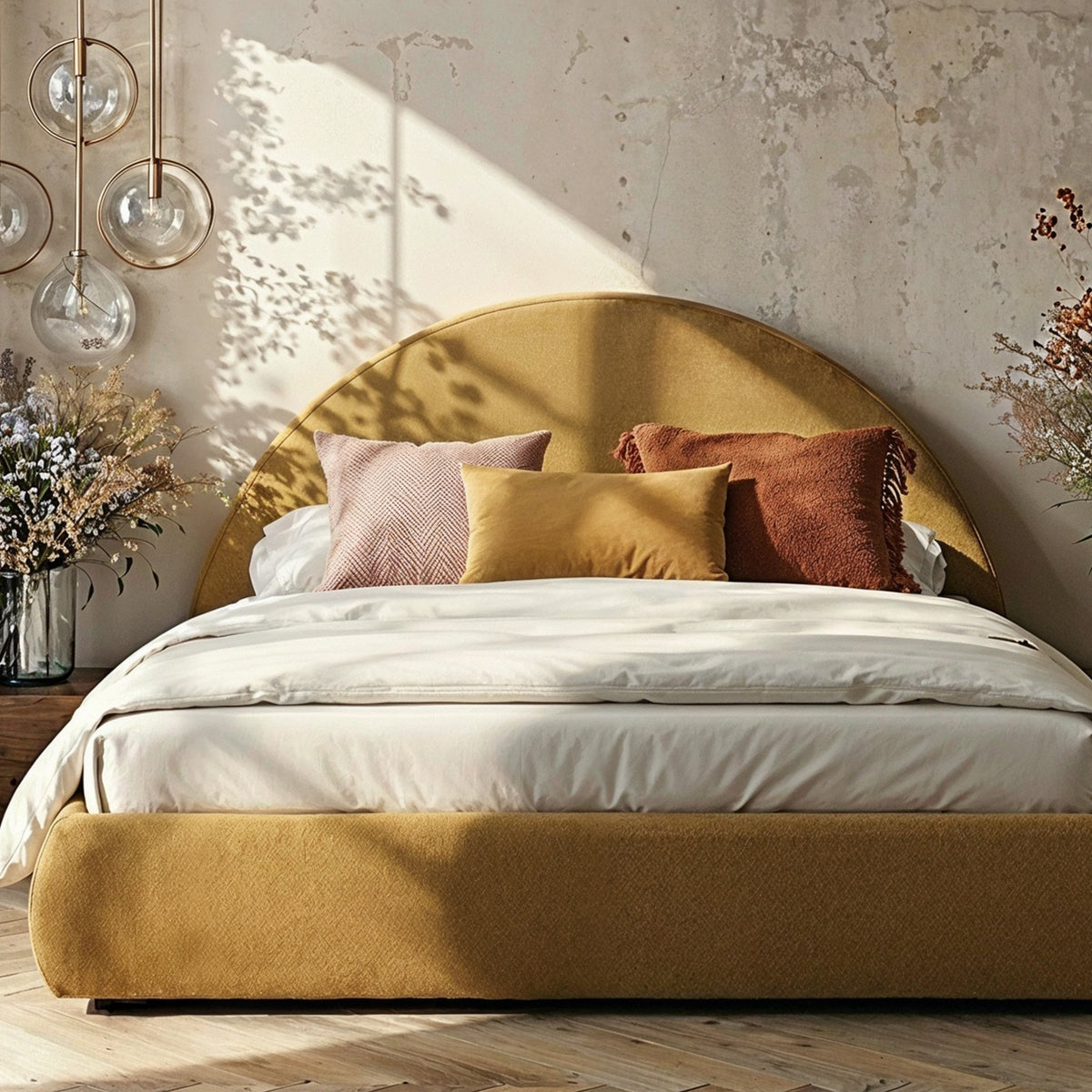 Orizo Upholstered Ottoman Bed with Storage and a Semicircular Headboard 140x200, 160x200 and 180x200, Modern Style – in a room setting