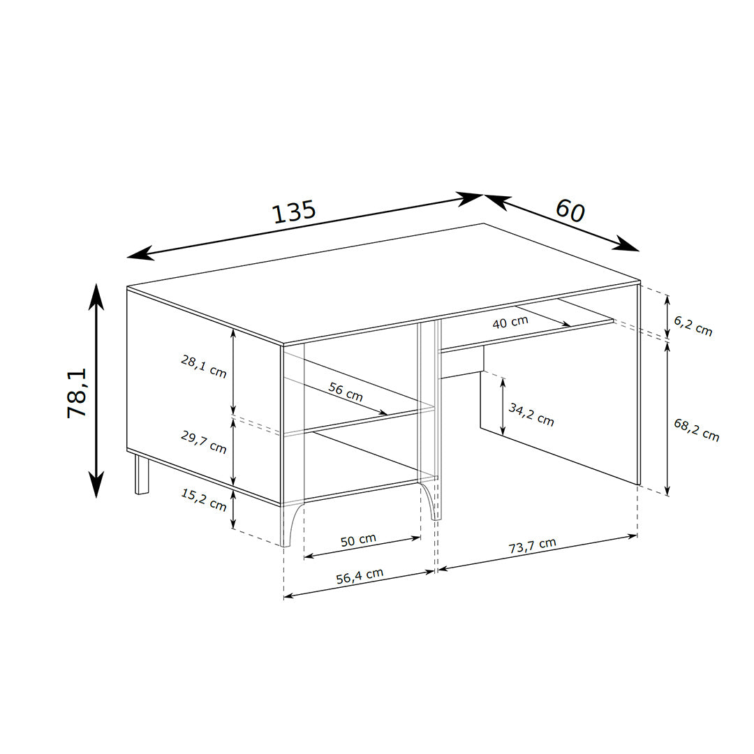Bureau EKLIPSO 135x78 avec meuble fermé de style moderne - dessin coté | Pillovely