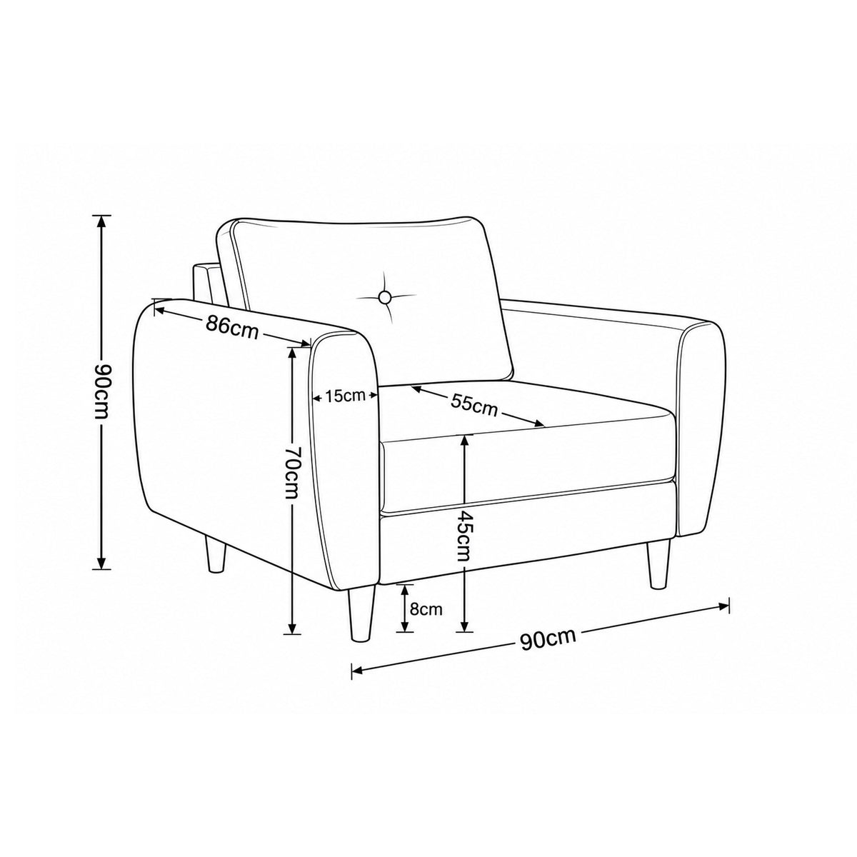 Fauteuil Harmi 90 cm – plan coté avec la hauteur de l'assise, des accoudoirs et des pieds