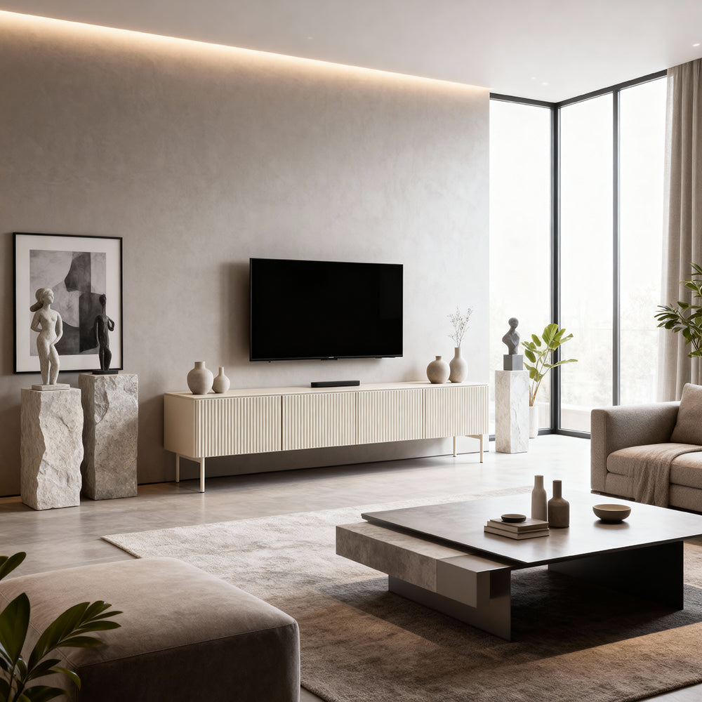 MuzZI TV Unit / TV Stand 195x51, Modern Style – in a room setting