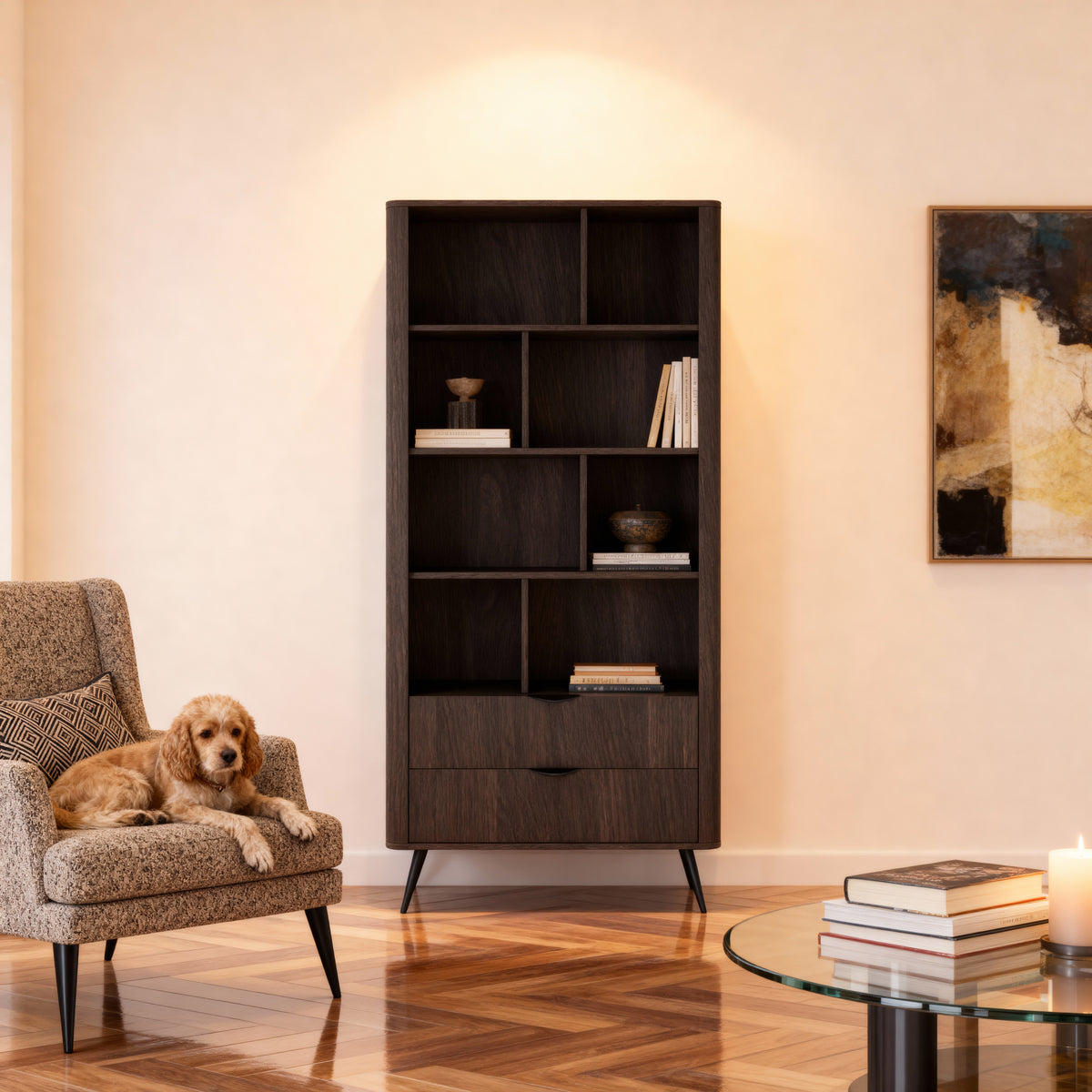 Velia Bookcase 88x194 with Open Shelves and Drawers, Soft Loft Style – in a room setting