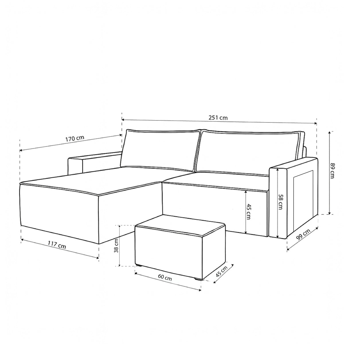 Klara Reversible Corner Sofa Bed with Storage and Pouffe, Modern Style – dimensions drawing