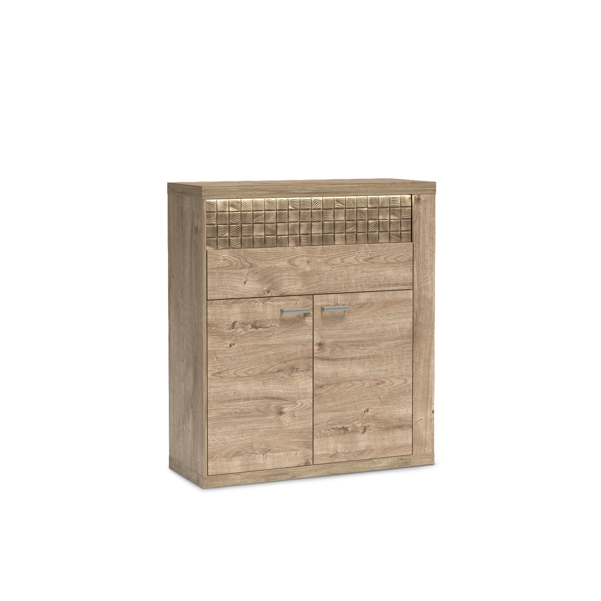 Commode Korin 102x119 avec LED – lumière chaude au-dessus de la façade rainurée, commode avec éclairage LED