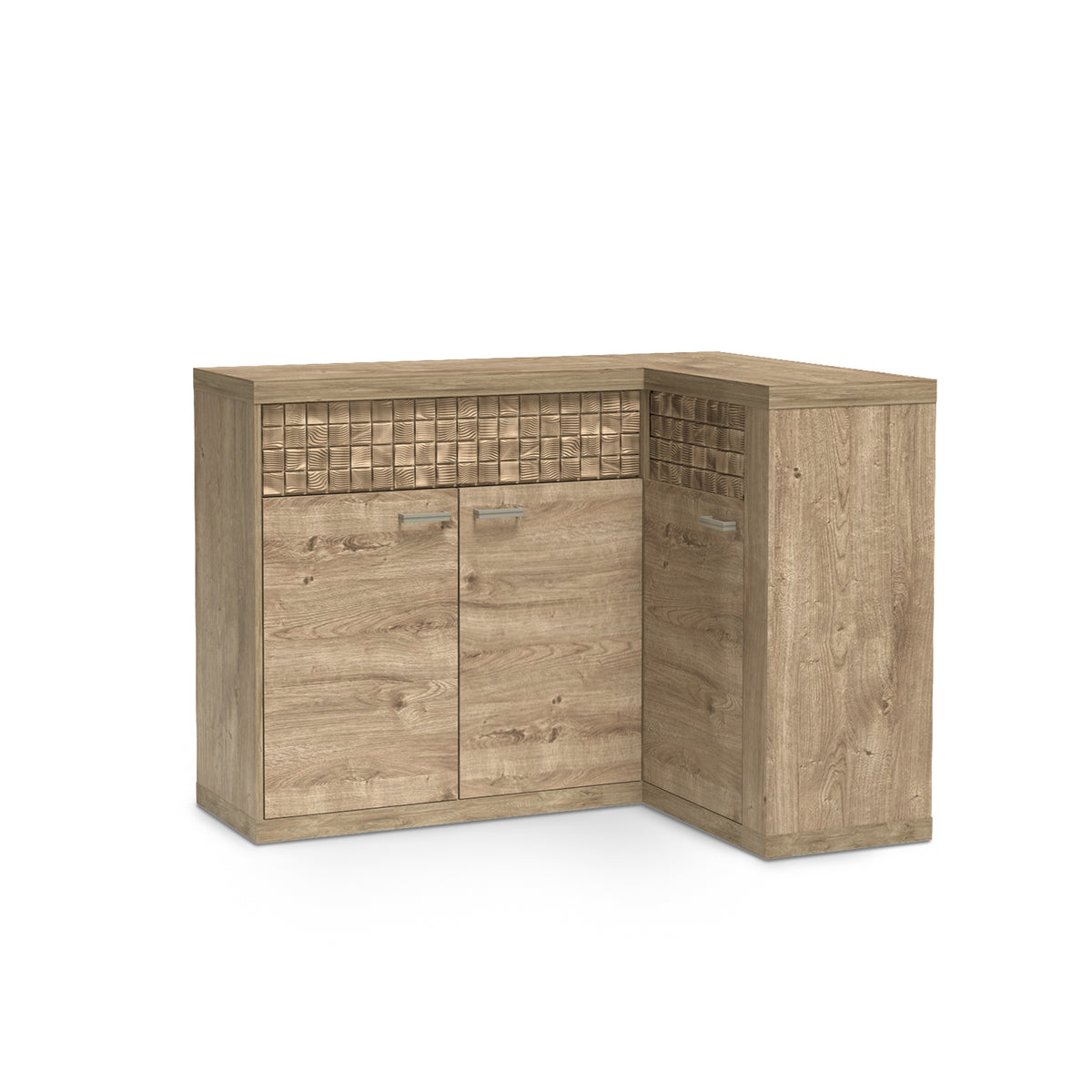 Commode Korin 132x99 coloris chêne – commode d'angle en L à façade rainurée, vue de biais