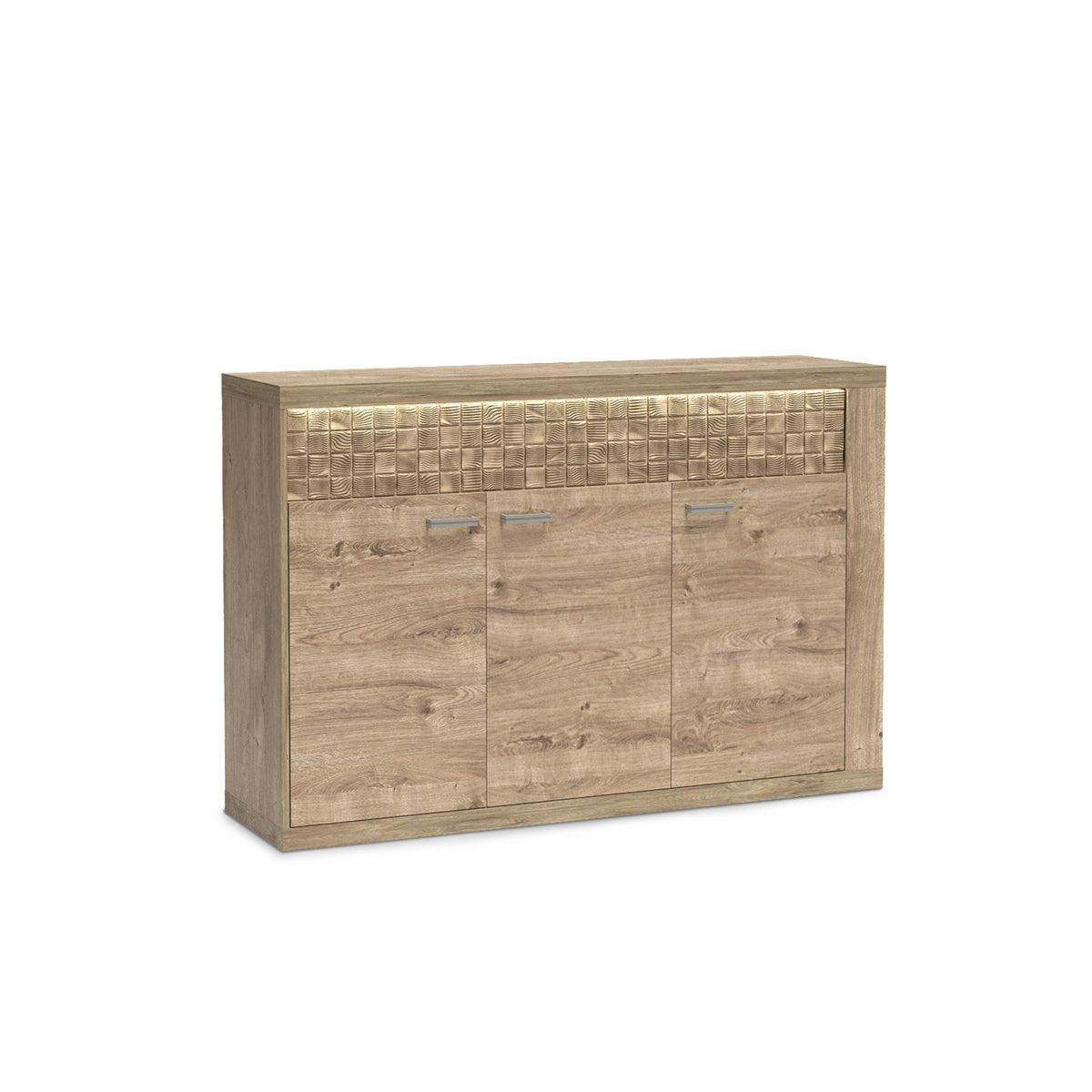Commode Korin 147x99 avec LED – lumière chaude au-dessus de la façade rainurée, commode avec éclairage LED