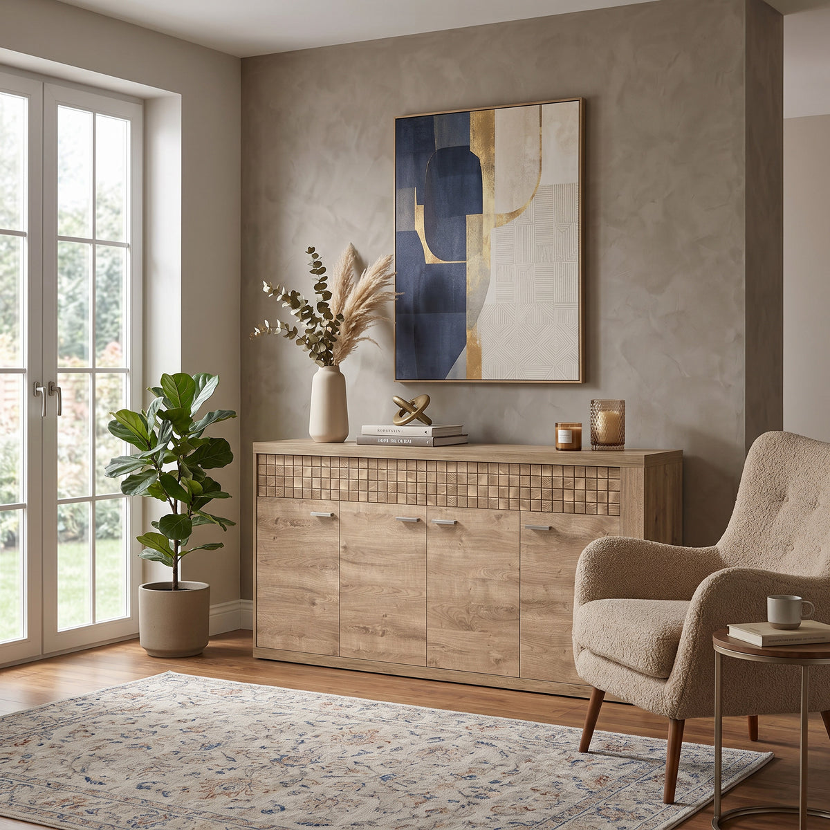 Commode Korin 192x99 au salon près d'une fenêtre sur jardin et d'un fauteuil à oreilles – grande commode de salon