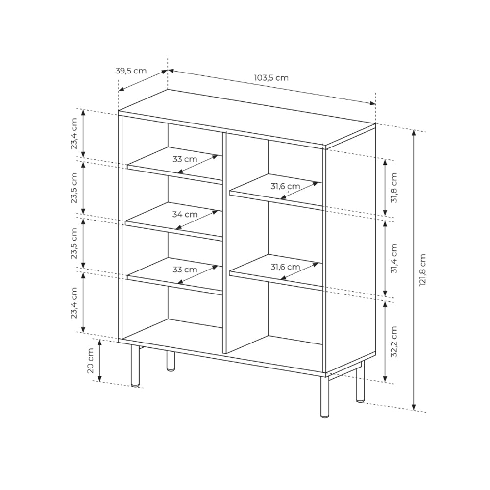 Komoda Viola 3-drzwiowa 104x122 w stylu japandi – rysunek z wymiarami