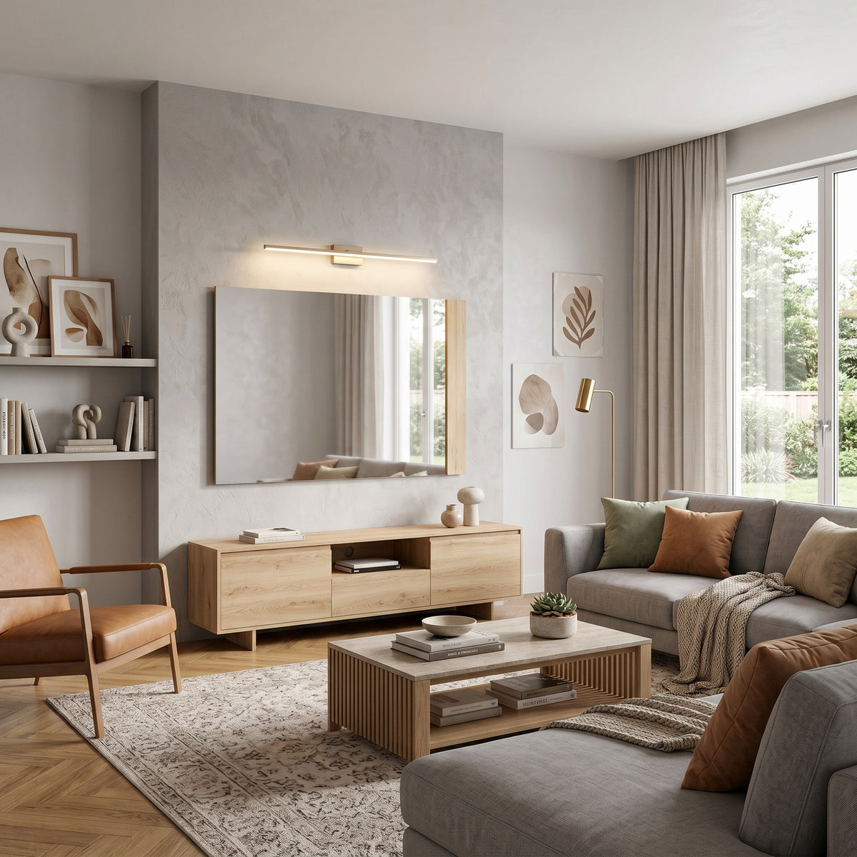 Miroir Korin 120x80 au-dessus d'un meuble TV dans un salon avec canapé gris – miroir décoratif de salon