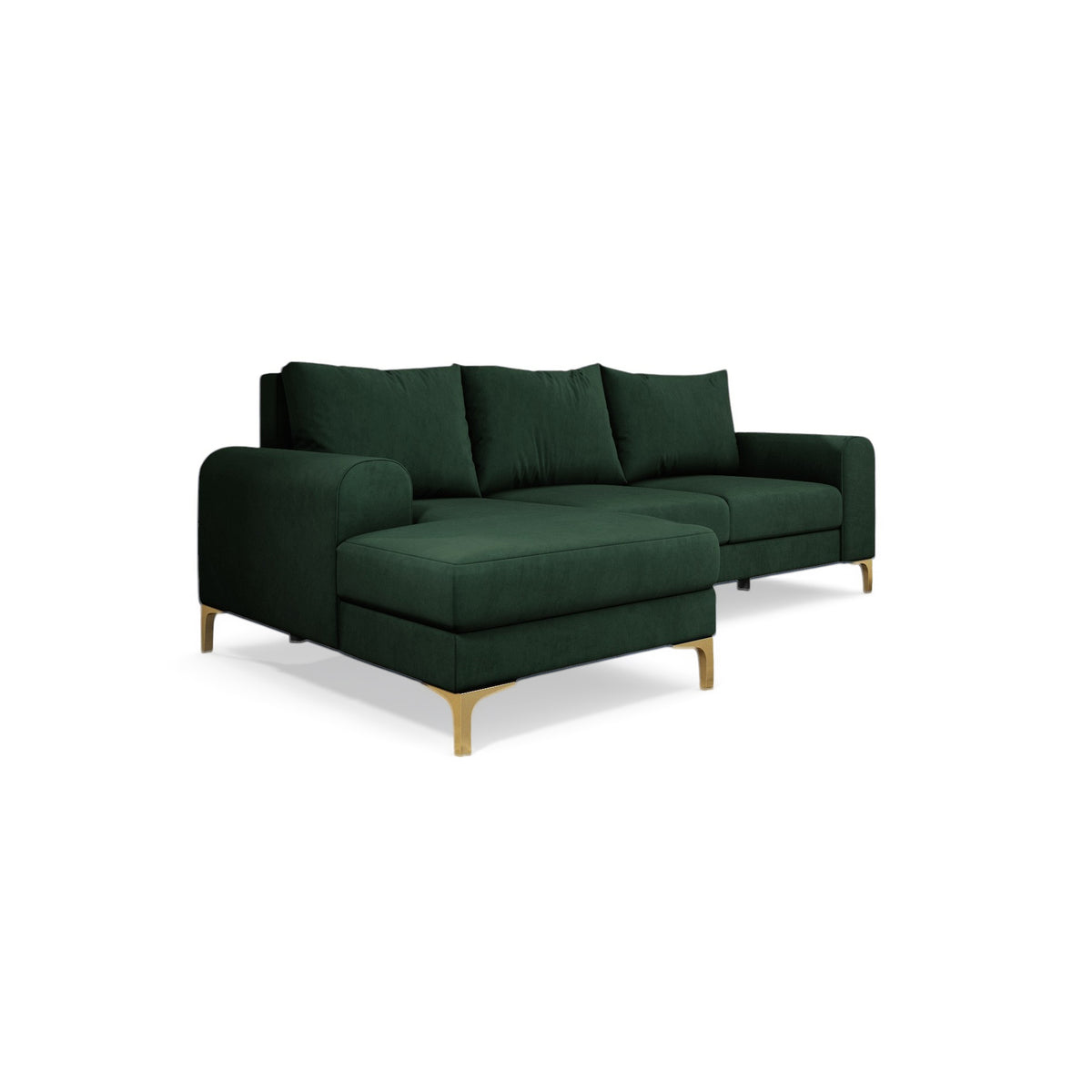 Canapé d'angle Arpelo 245x145, version gauche, Mousse des Bois (MANILA 35), sur pieds dorés – canapé d'angle moderne de style bohème