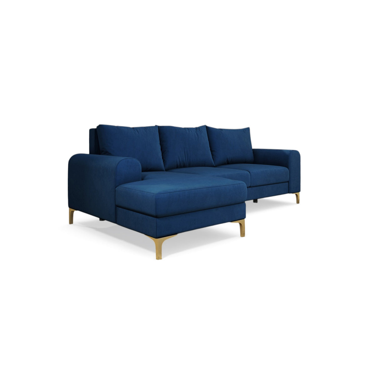Canapé d'angle Arpelo 245x145, version gauche, Saphir Nocturne (MANILA 26), sur pieds dorés – canapé d'angle convertible avec fonction couchage, vue de trois quarts