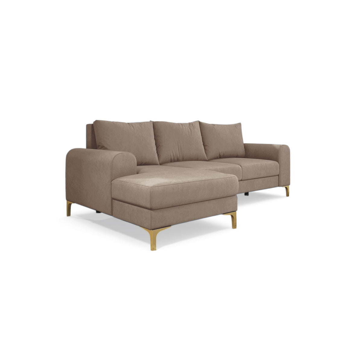 Canapé d'angle Arpelo 245x145, version gauche, Noix Poudrée (MANILA 02), sur pieds dorés – canapé d'angle convertible en velours