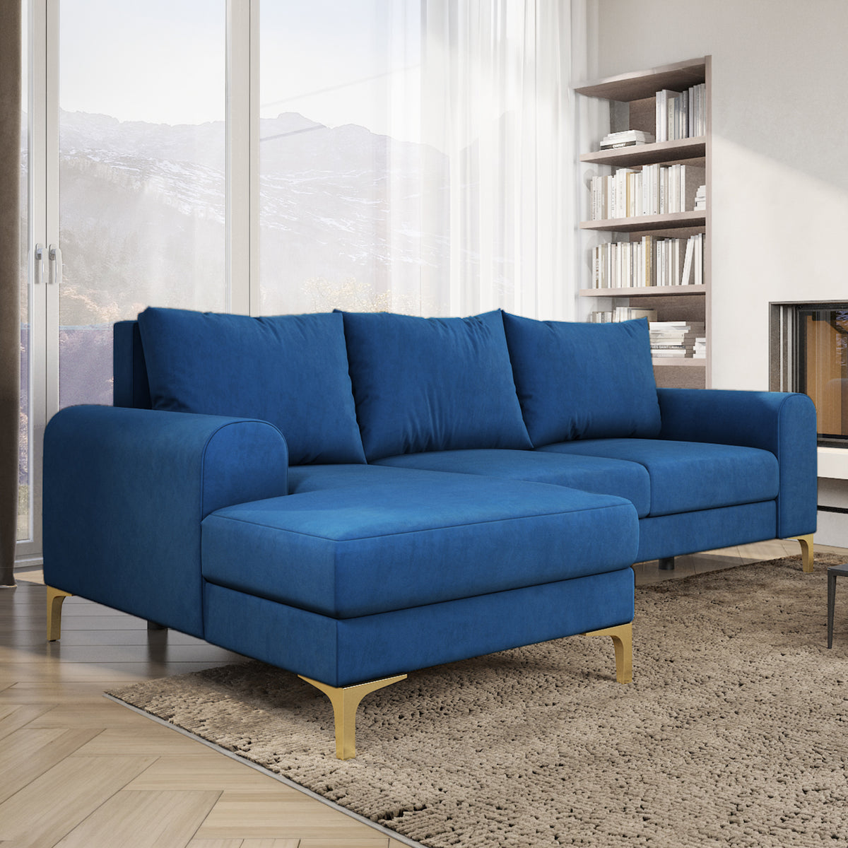 Canapé d'angle Arpelo 245x145 Saphir Nocturne (MANILA 26) dans un salon lumineux avec une bibliothèque et un tapis – canapé d'angle en velours