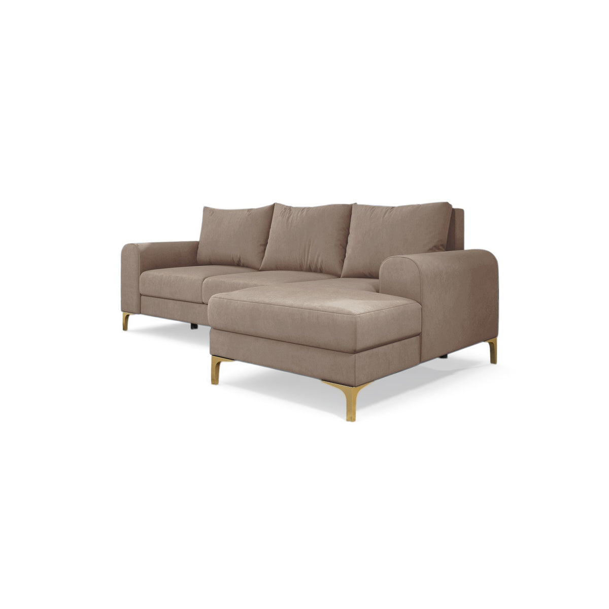 Canapé d'angle Arpelo 245x145, version droite, Noix Poudrée (MANILA 02), sur pieds dorés – canapé d'angle convertible en velours